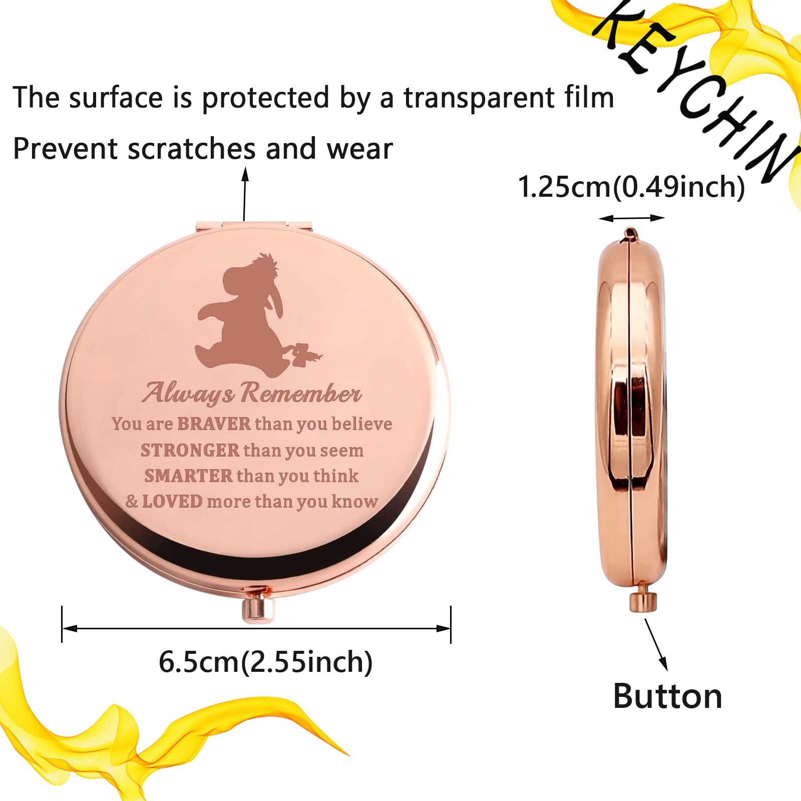 KEYCHIN Donkey Pocket Mirror - Inspirational Compact Mirror with 'You Are Braver Stronger Smarter' Quote - Perfect Gift for Donkey Fans & Self-Confidence Boost - Portable Makeup Mirror for Travel, Purse, and Daily Use