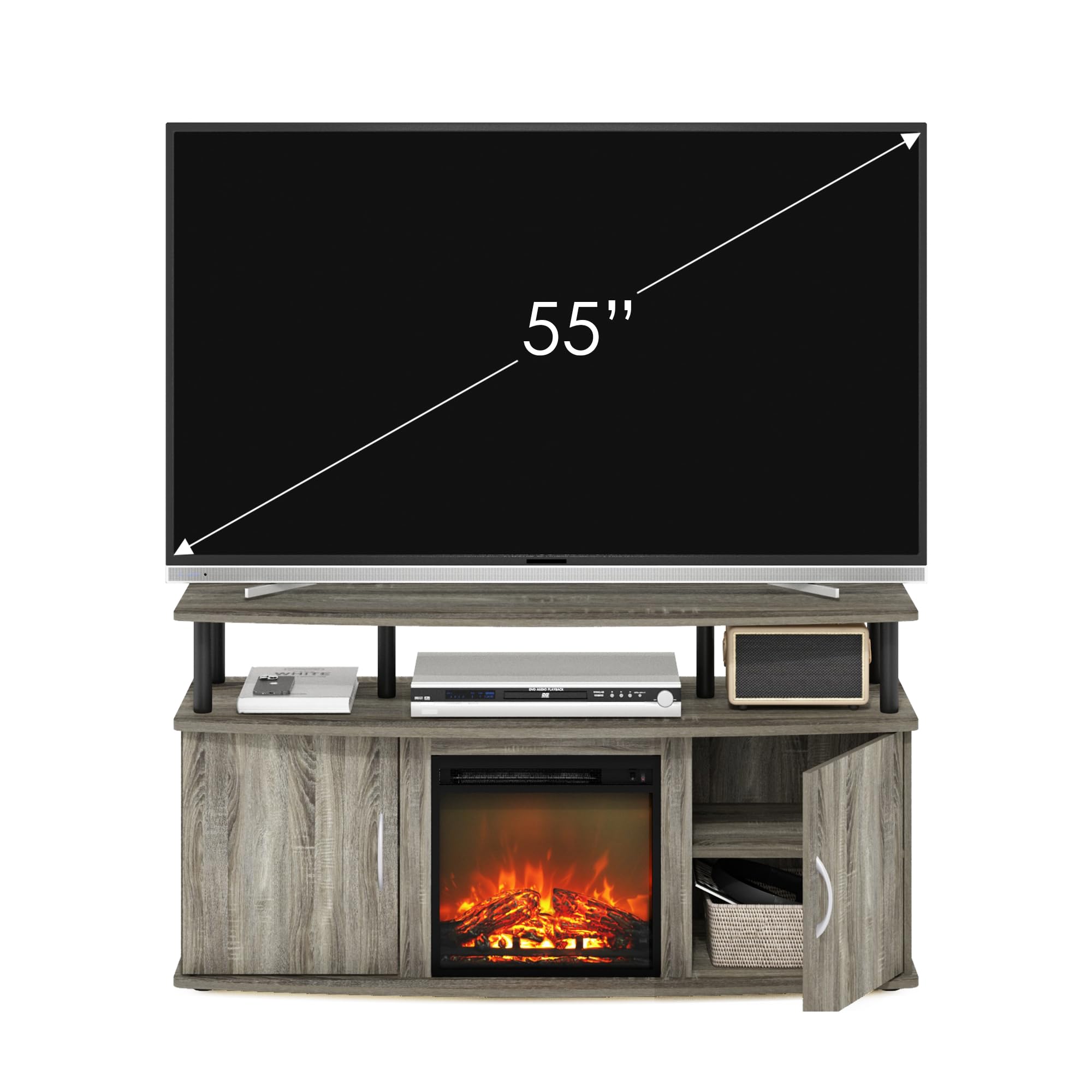 Furinno Jensen 55 Inch TV Stand with Fireplace Design, Storage Cabinet & Doors - French Oak Grey/Black - Perfect for Living Room Entertainment Centers & Home Theater Setups