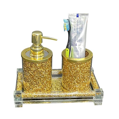 Elegant 3-Piece Soap Dispenser & Toothbrush Holder Set with Tray - Modern Bathroom Organizer for Sink Countertop | Perfect for Home, Apartment, and Guest Bathroom Decor