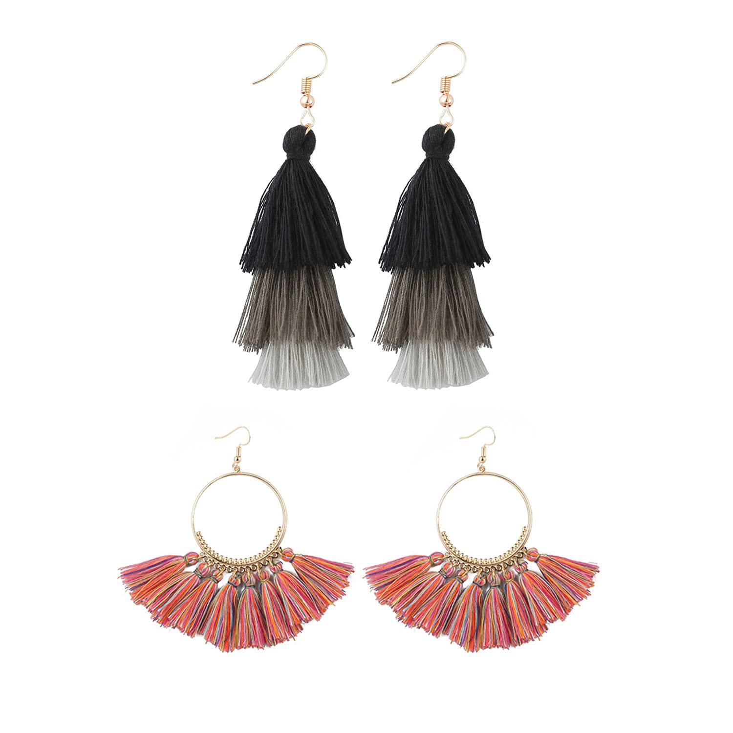 2 Pairs Bohemian Tassel Earrings for Women - Colorful Layered Dangle Drop Earrings, Handmade Geometric Fringe Statement Jewelry - Perfect for Parties, Weddings, and Boho Fashion Accessories