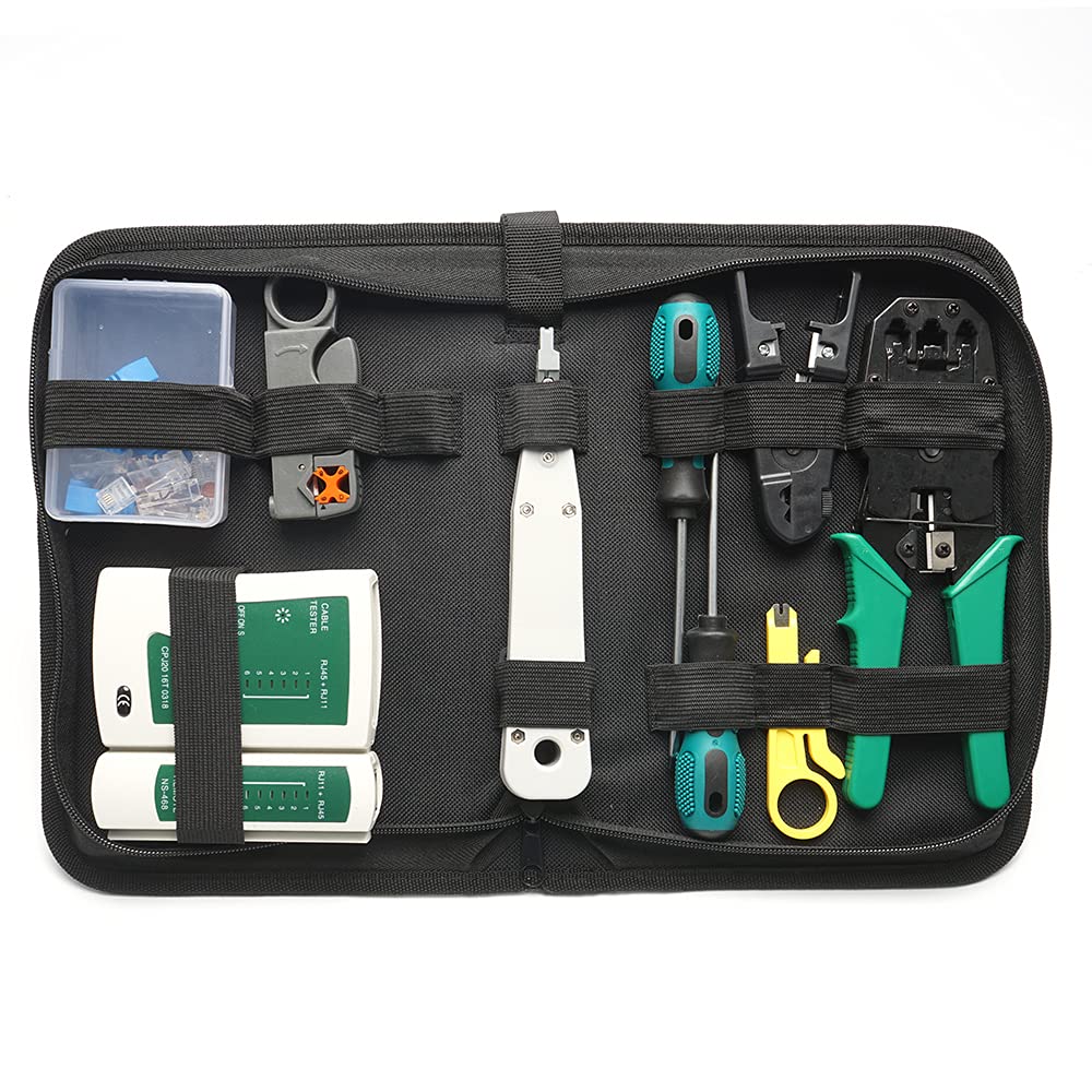 14pcs Portable Ethernet Network Tool Kit - LAN Cable Crimper Pliers, RJ45 Connectors & Dual-use Cable Tester for Network Repair | Ideal for IT Professionals, Home Office & Data Center Setup