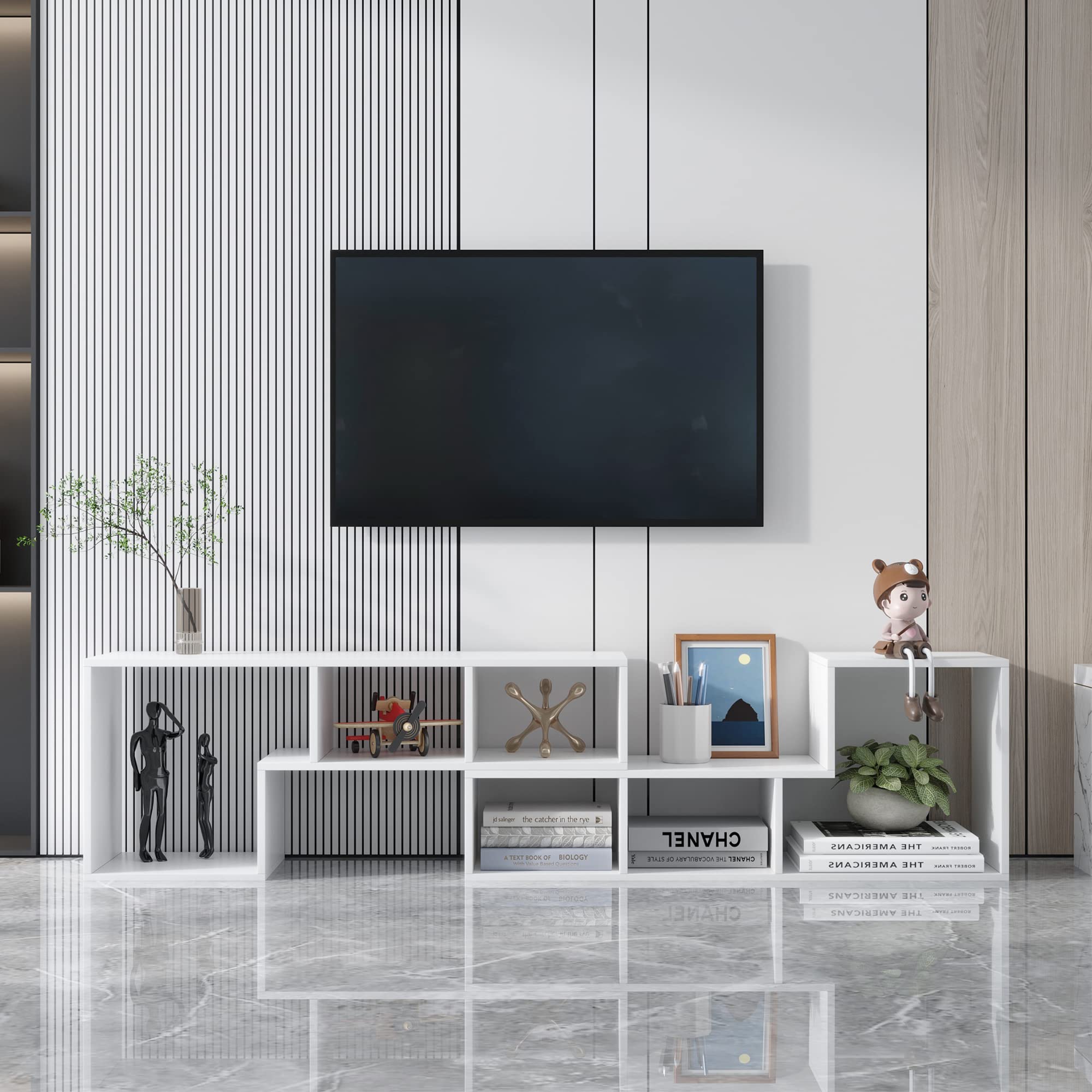 Alemior 2-Piece Modern TV Stand with Storage for 32-65 Inch TVs - Wooden Entertainment Center, Media Console & Bookcase - Perfect for Living Room, Bedroom, Home Theater (White)