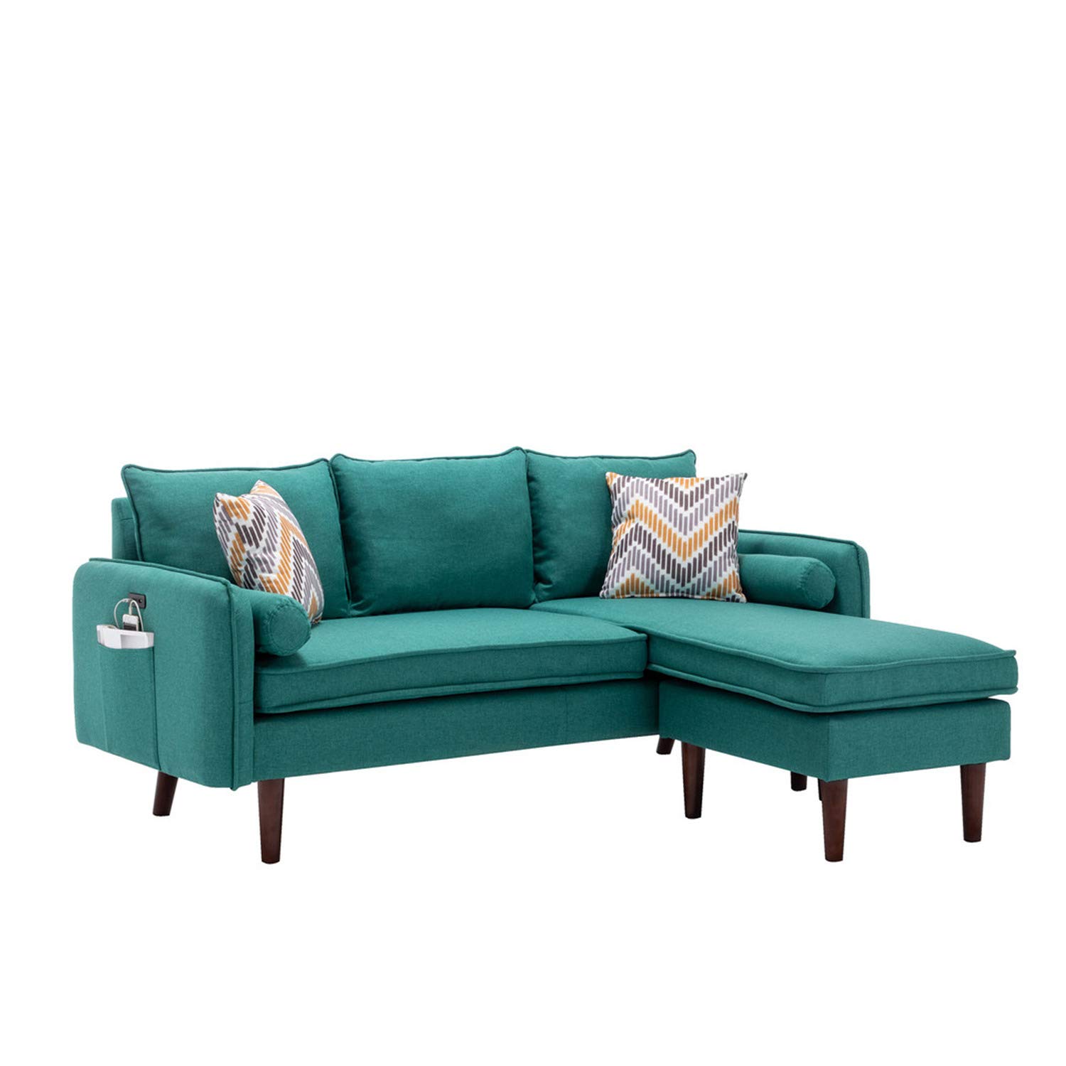 Lilola Home Mia Green Sectional Sofa Chaise with USB Charger & Throw Pillows - Modern L-Shaped Couch for Living Room, Family Room & Small Spaces