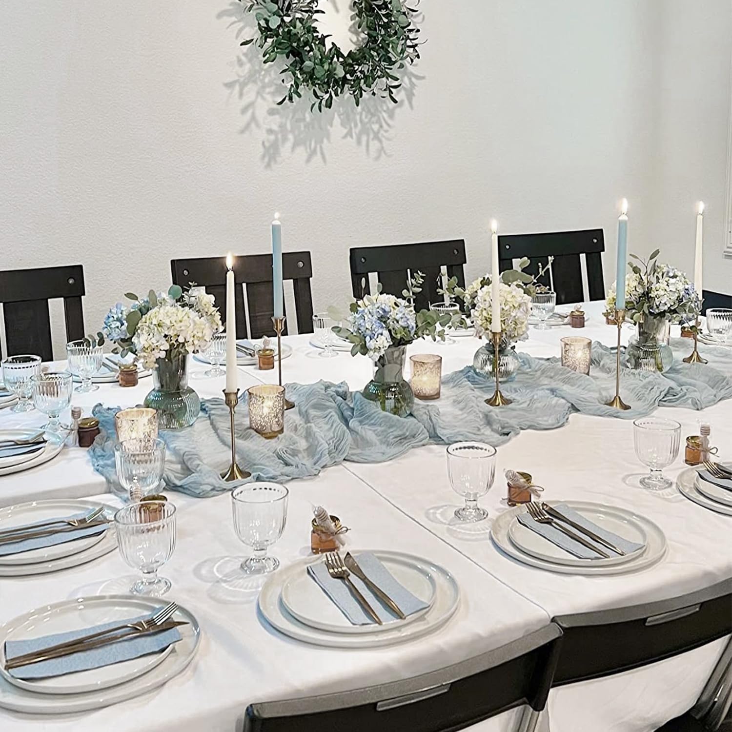 10 Pack Dusty Blue Cheesecloth Table Runners - 10ft Boho Gauze Fabric for Wedding Arch Draping, Bridal Baby Shower, Birthday Party & Cake Table Decor - Rustic Semi-Sheer Tablecloth for Boho, Farmhouse & Rustic Weddings