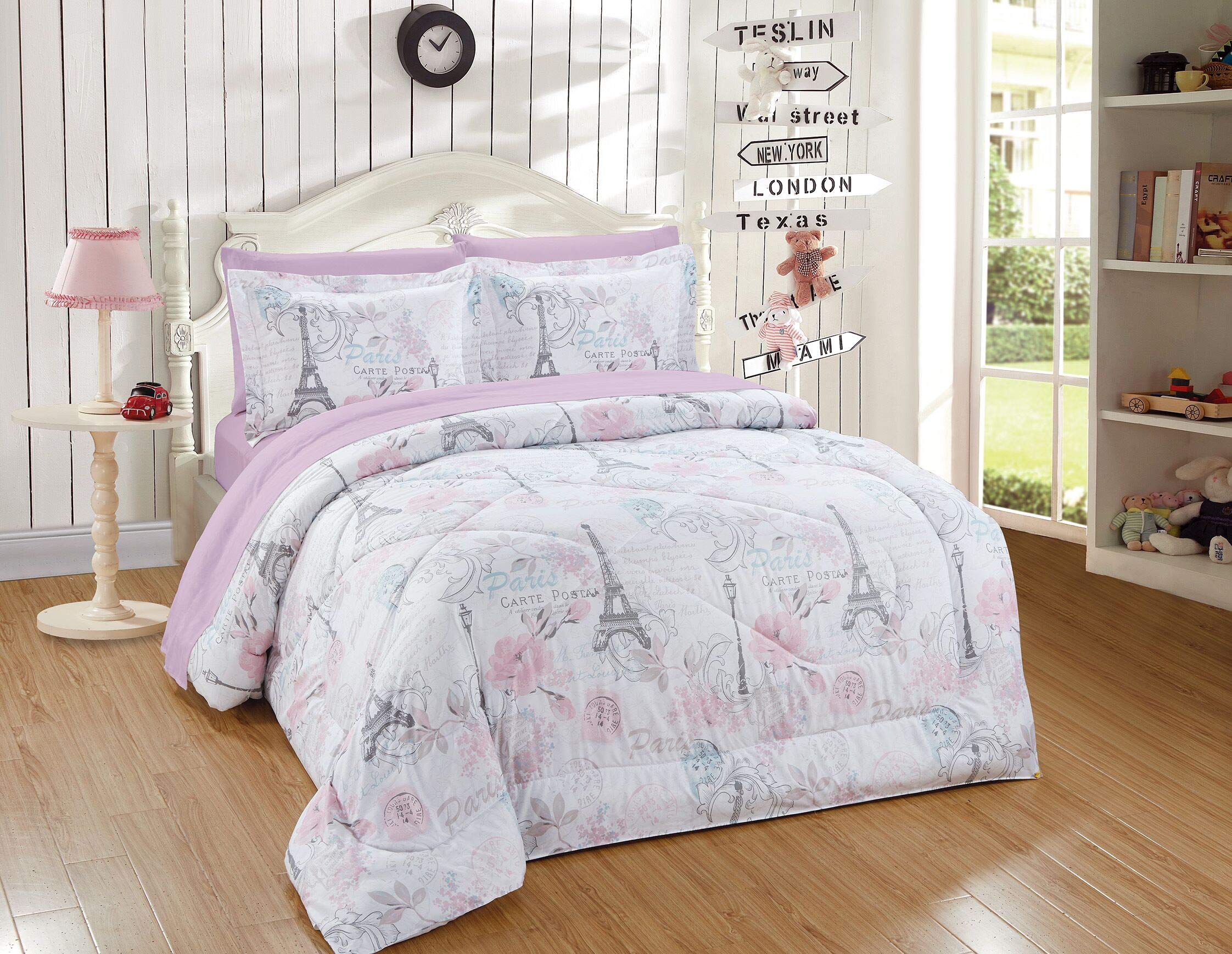 Twin Size Comforter and Sheet Set - Rose Paris Eiffel Tower Design in Light Pink, Lavender & White | Soft Bedding Collection for Girls' Room, Dorm Decor, and Cozy Home