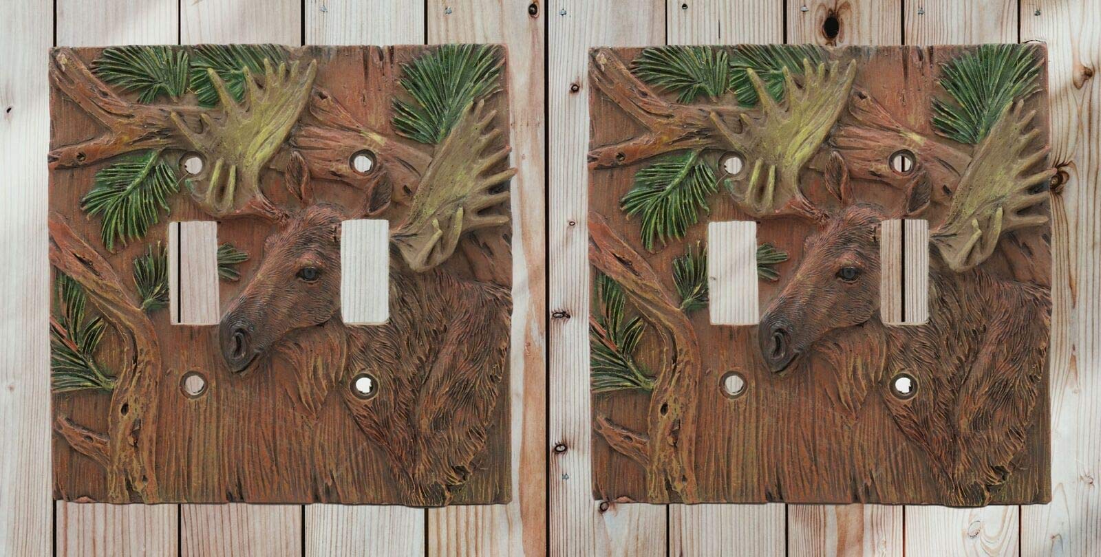 Rustic Western Pine Stag Elk Moose Double Toggle Switch Plate Cover Set of 2 - Farmhouse Cabin Decor for Living Room, Bedroom & Lodge Style Homes