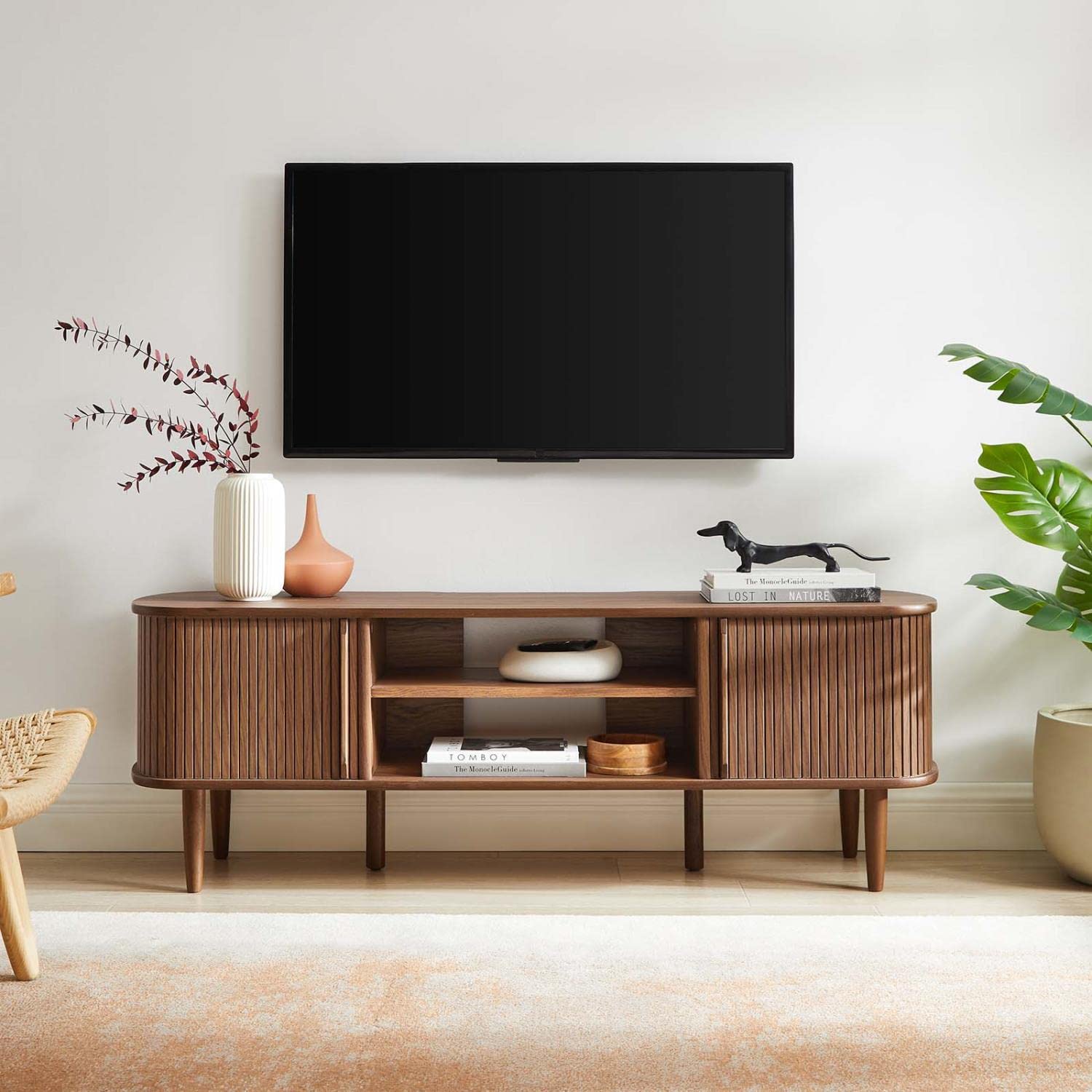 Modway Contour Mid-Century Modern TV Stand - Walnut Finish, 15 x 54.5 x 18.5 Inches - Perfect for Living Room, Bedroom & Home Theater Entertainment Centers