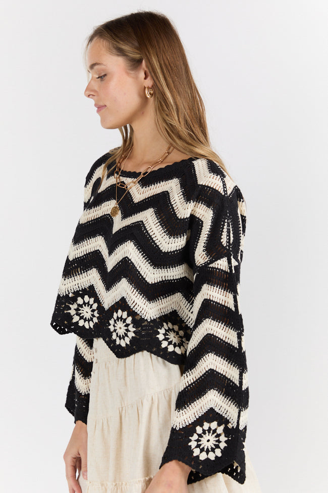 Saltwater Nights Black and Ivory Crochet Sweater for Women | Boho Beach Cover Up | Perfect for Summer Evenings & Vacation Outfits