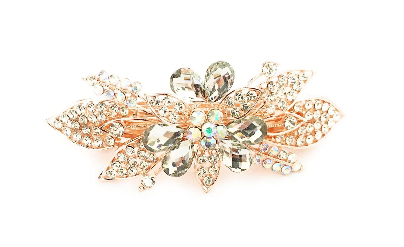 Gold Hair Clips for Women & Girls - Elegant Floral Design with White Stones & Crystals, Metal Barrettes for Parties, Weddings & Everyday Styling