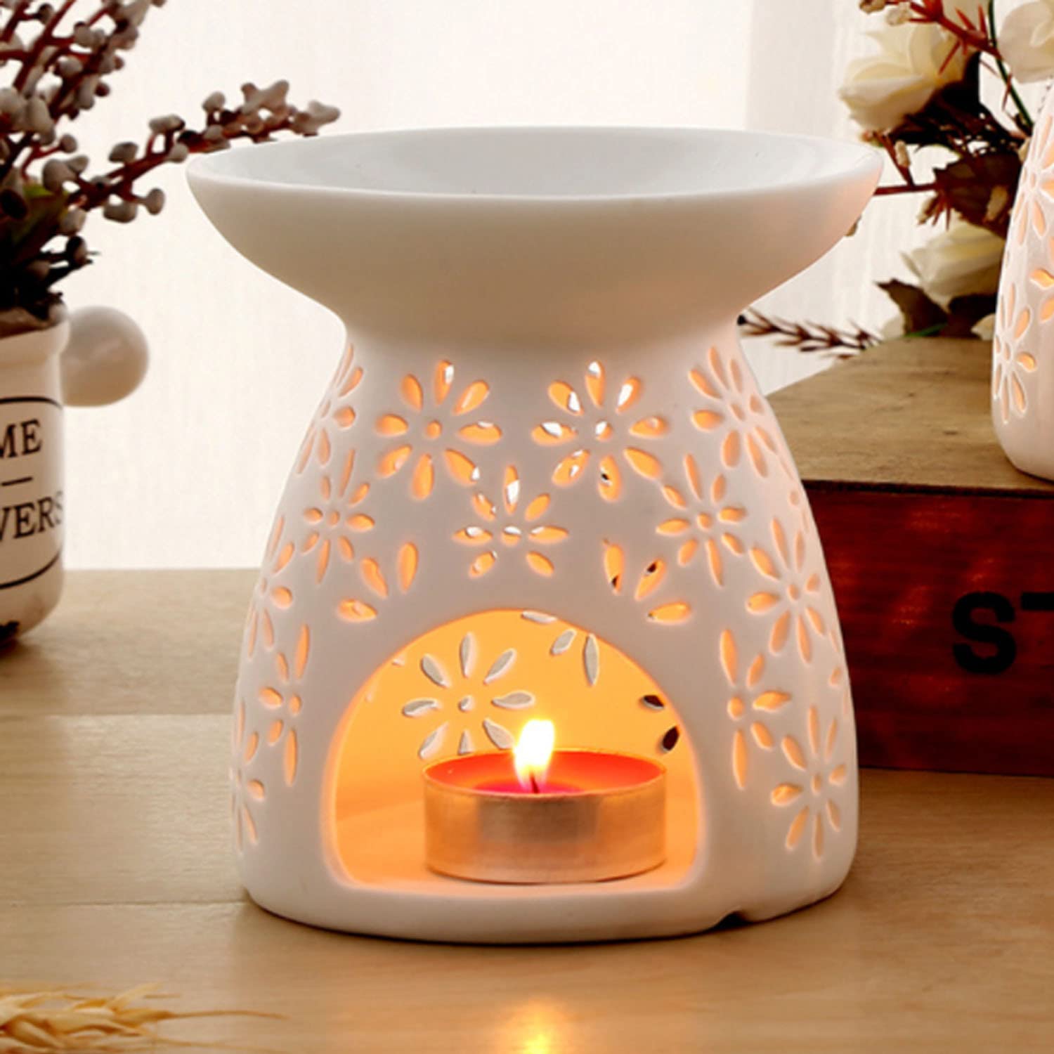 White Ceramic Tealight Candle Holder with Essential Oil Burner & Candle Spoon - Romantic Flower Pattern Aroma Diffuser for Home Decor, Christmas, Housewarming Gifts | Perfect for Relaxation, Spa Nights & Romantic Ambiance