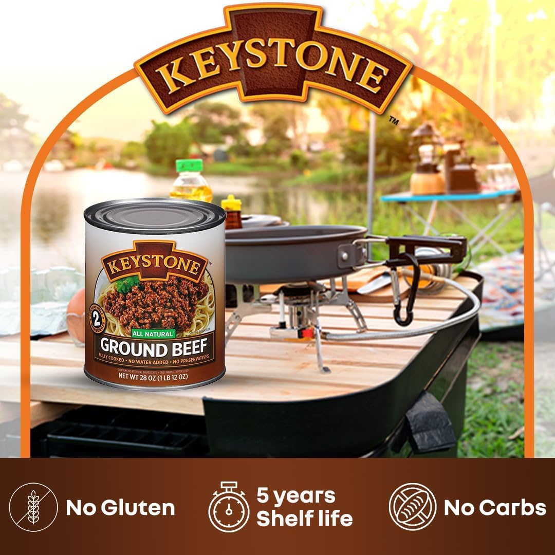 Keystone Meats All Natural Canned Beef, Chicken, Ground Beef, Pork & Turkey - 28 Oz Cans (1 Pack Each) | Long Shelf Life Emergency Survival Food | Fully Cooked Ready to Eat | Gluten Free | Perfect for Camping, Hiking & Emergency Preparedness