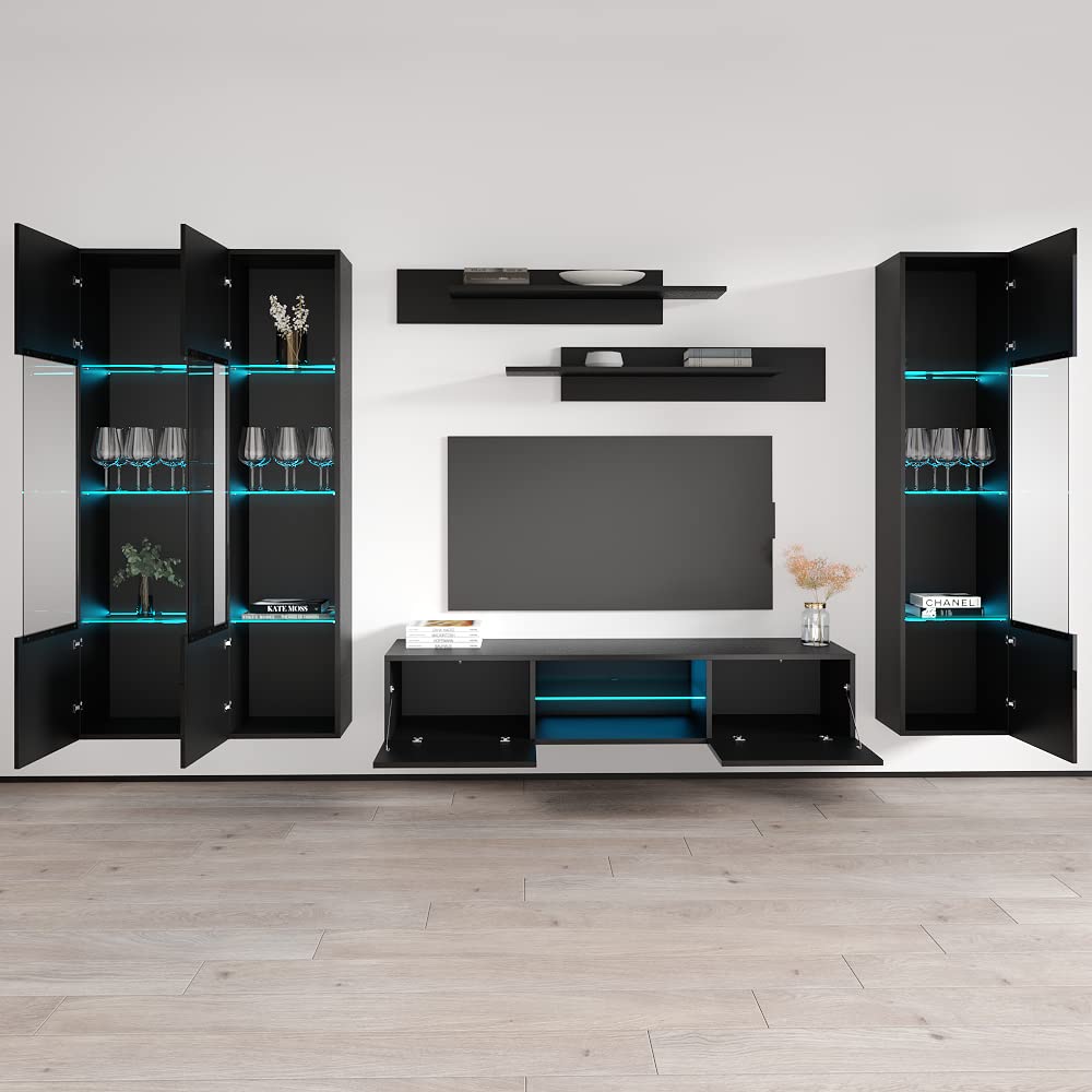 Modern Floating TV Stand with Storage & LED Lights - Wall-Mounted Entertainment Center for Bedroom & Living Room - Black TV Console with Shelves for 33