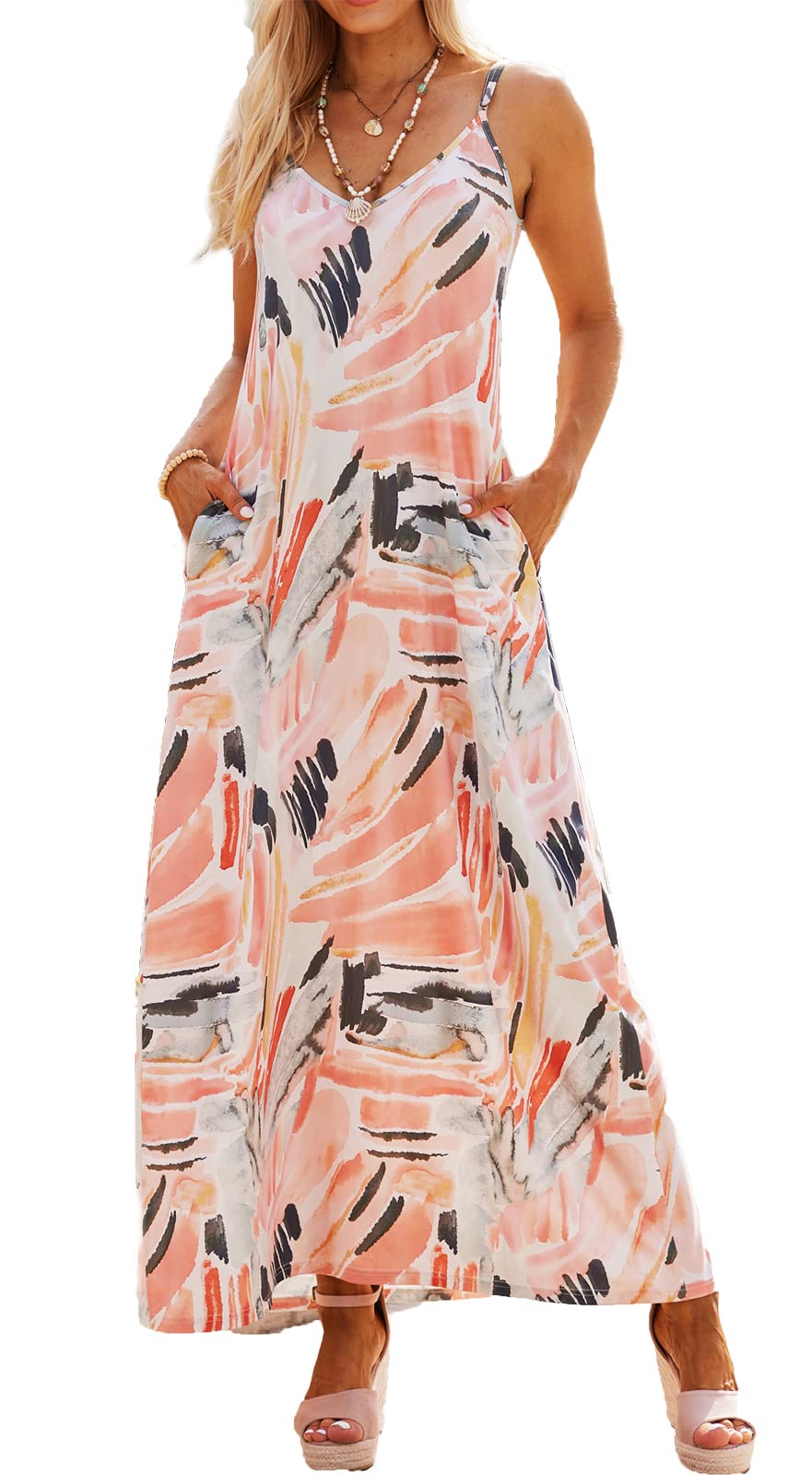 Supnier Women's Summer Maxi Dress - Casual V-Neck Sleeveless Bohemian Floral Long Dress with Pockets | Perfect for Beach Vacation, Date Night & Outdoor Parties