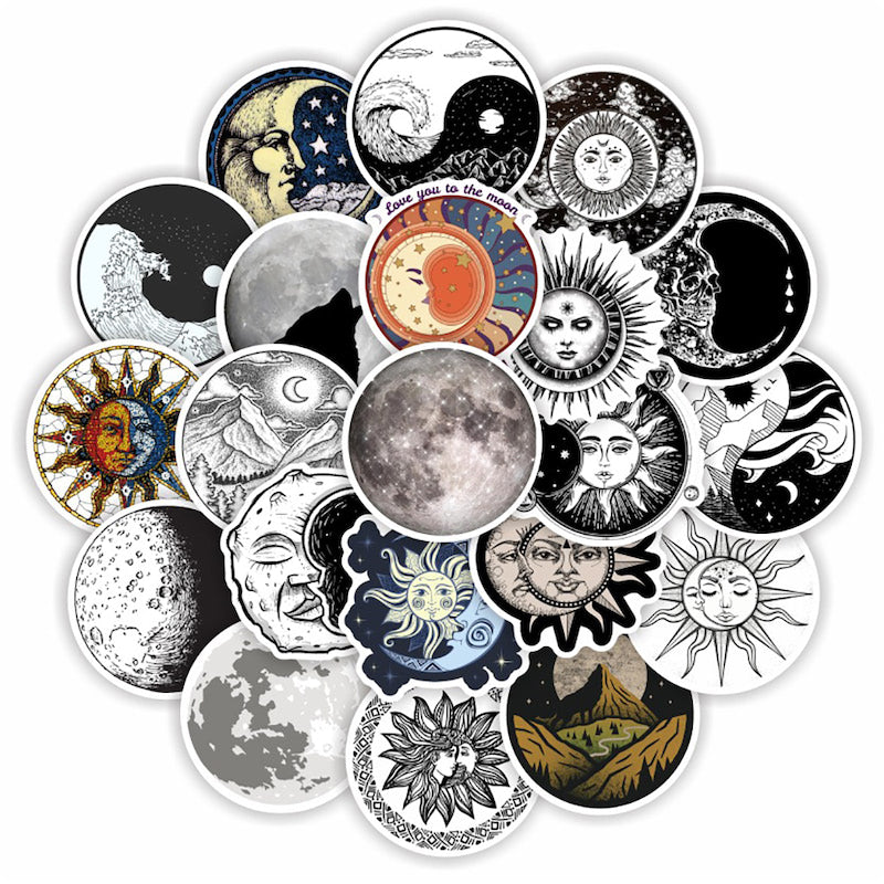 Monochrome Sun & Moon Sticker Pack - 50 Unique Vinyl Decals for Laptops, Water Bottles & Journals - Perfect for DIY Crafts, Scrapbooking & Planner Decor