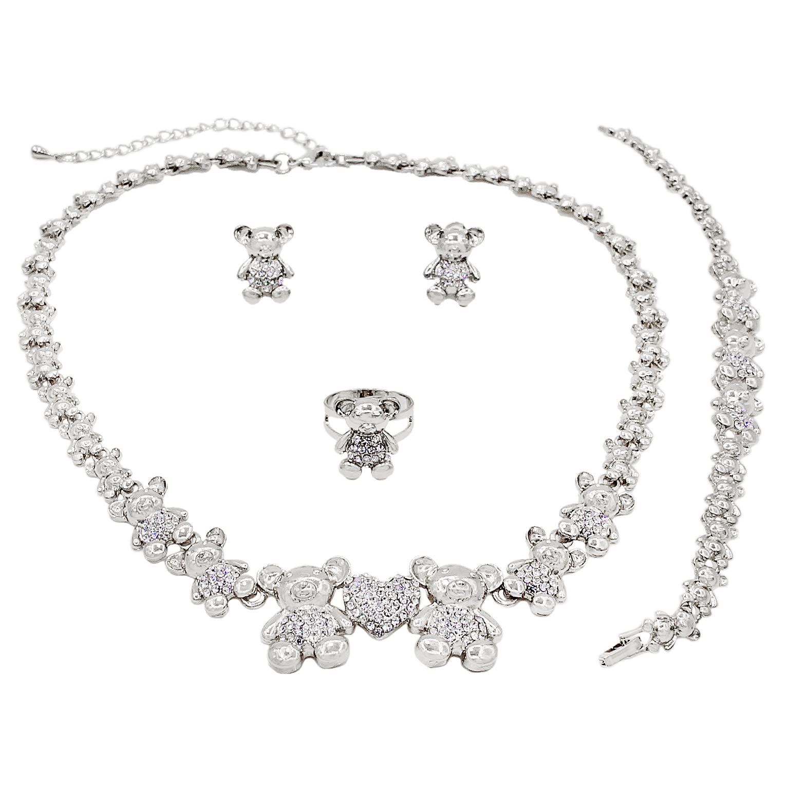 Elegant Wedding Jewelry Set for Women - Gold Plated Teddy Bear Crystal Necklace, Stud Earrings, Charm Bracelet & Ring | Bridal Jewelry, Dubai Style | Perfect for Weddings, Anniversaries & Special Occasions