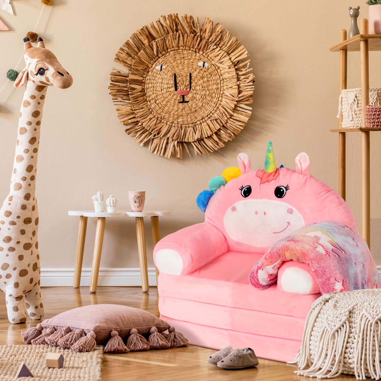 **Unicorn Toddler Chair 2-in-1 Convertible Sofa to Lounger - Foldable Kids Couch with Soft Velvet Blanket, Comfy Pink Toddler Furniture for Playroom & Nursery**