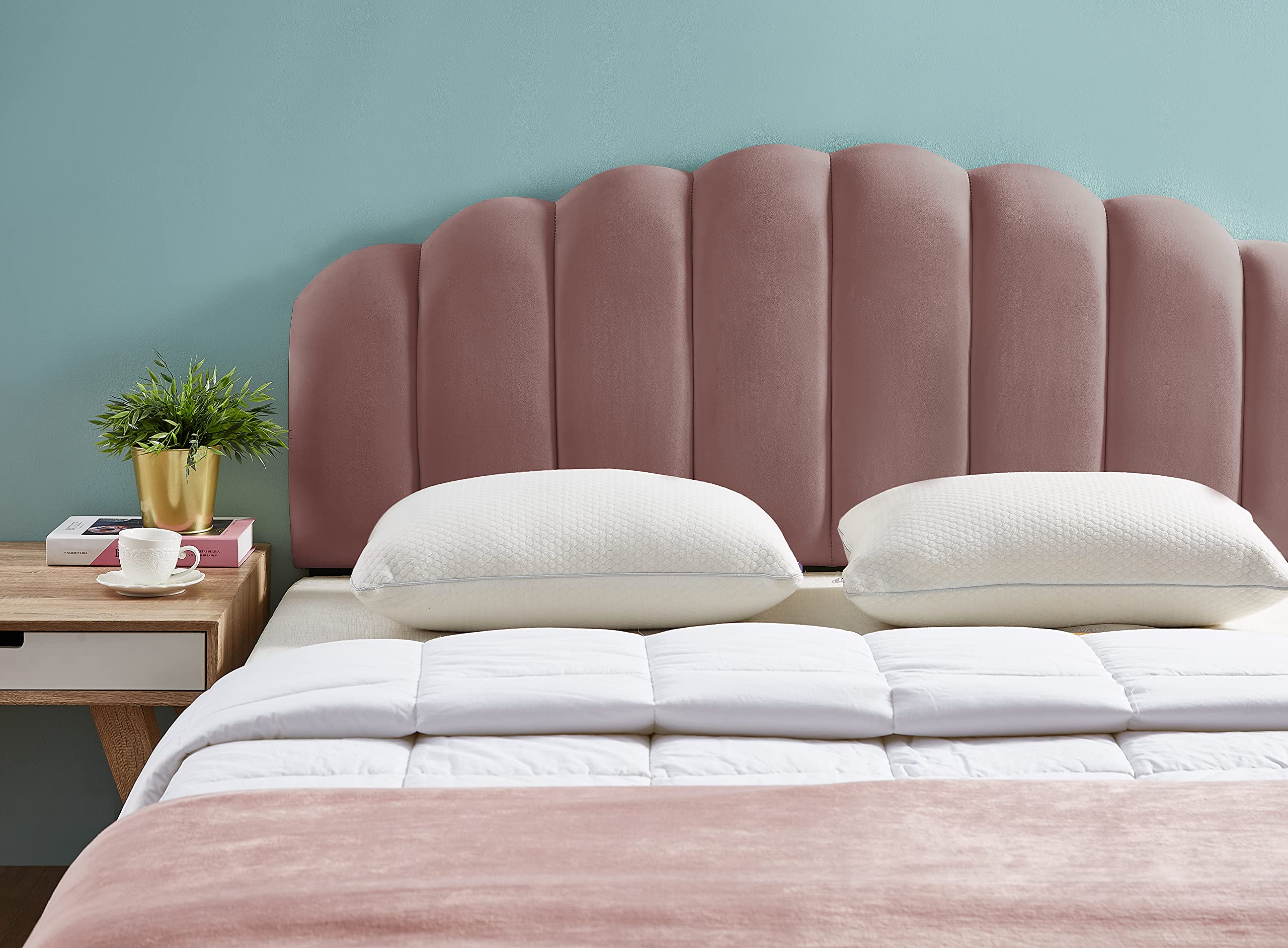 Tufted Velvet Upholstered Headboard with Ball & Cast Design - Queen/Full Size Adjustable Height 42-50 inches - Elegant Rose Pink - Perfect for Master Bedroom, Guest Room & Home Decor