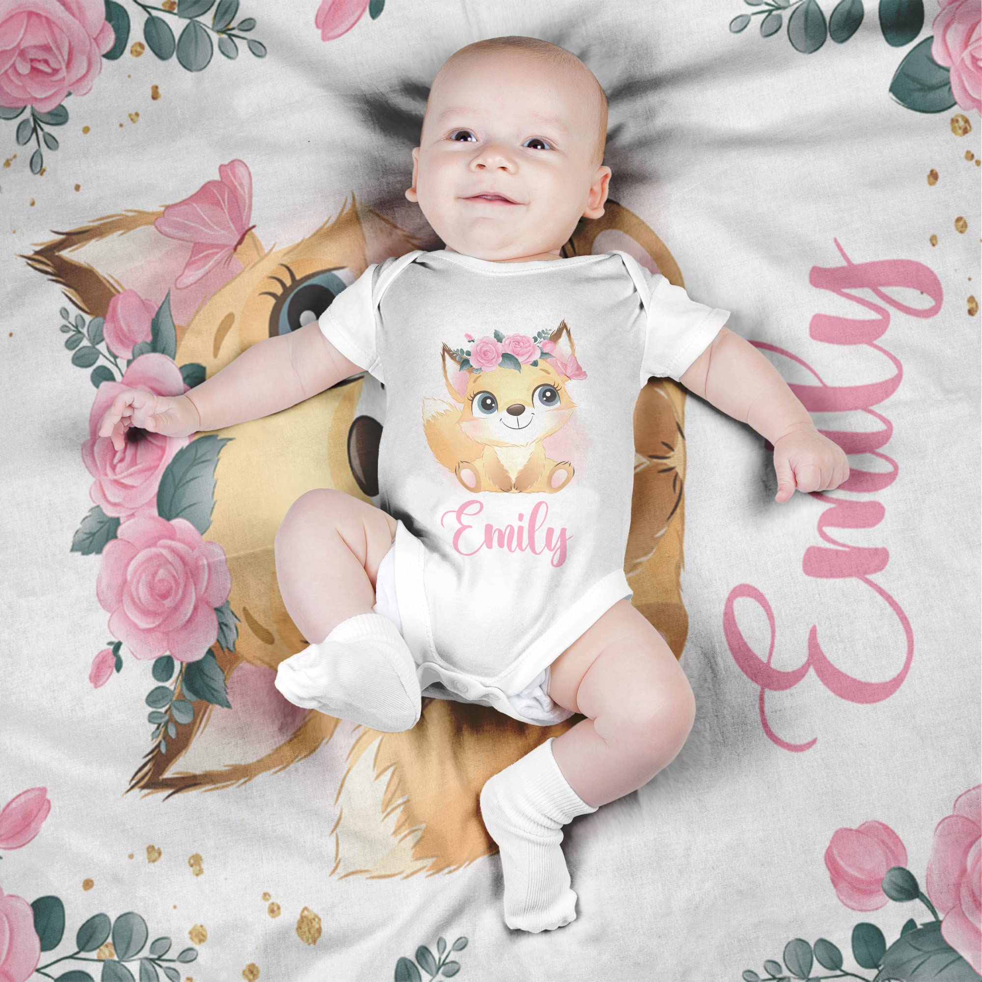 Personalized Baby Girl Blanket with Name - Custom Fleece Blanket 30x40 Inches - Fox Design for Newborns, Nursery, Photo Shoots & Gift Giving