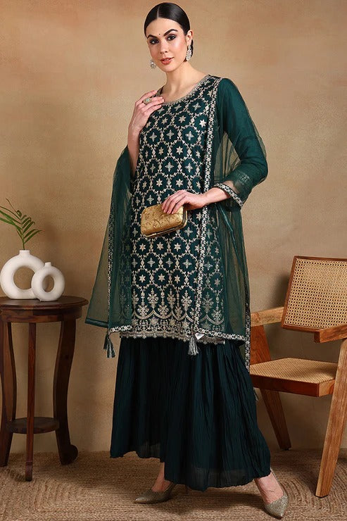 Elegant Green Silk Blend Kurta Sharara with Dupatta - Diwali & Festive Ethnic Wear for Women - Perfect for Weddings, Parties & Cultural Celebrations