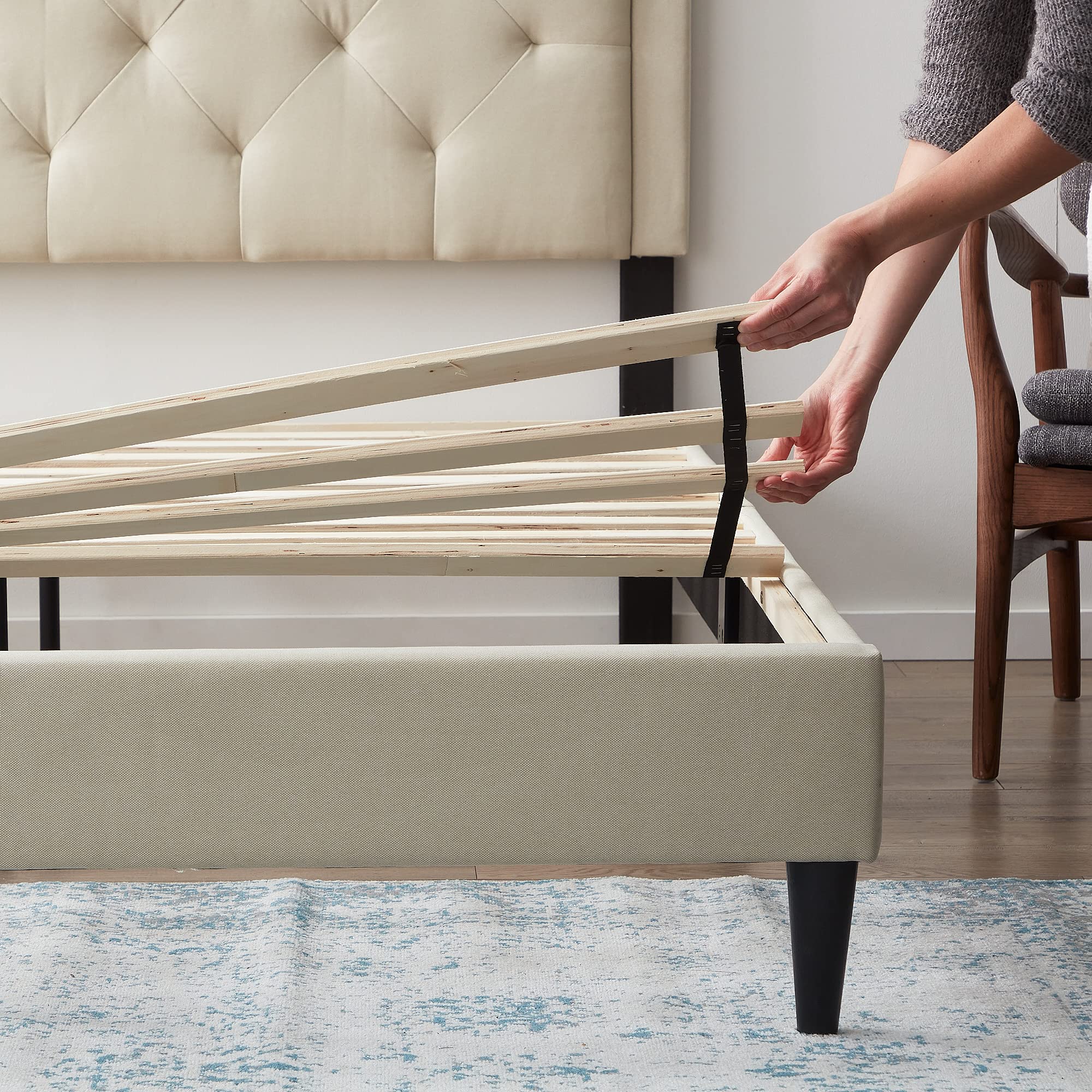 LUCID Full Size Bed Frame with Diamond Tufted Upholstered Headboard - Platform Bed with Removable Wood Slats - No Box Spring Required - Easy Assembly - Pearl White - Perfect for Small Bedrooms, Guest Rooms & Modern Apartments