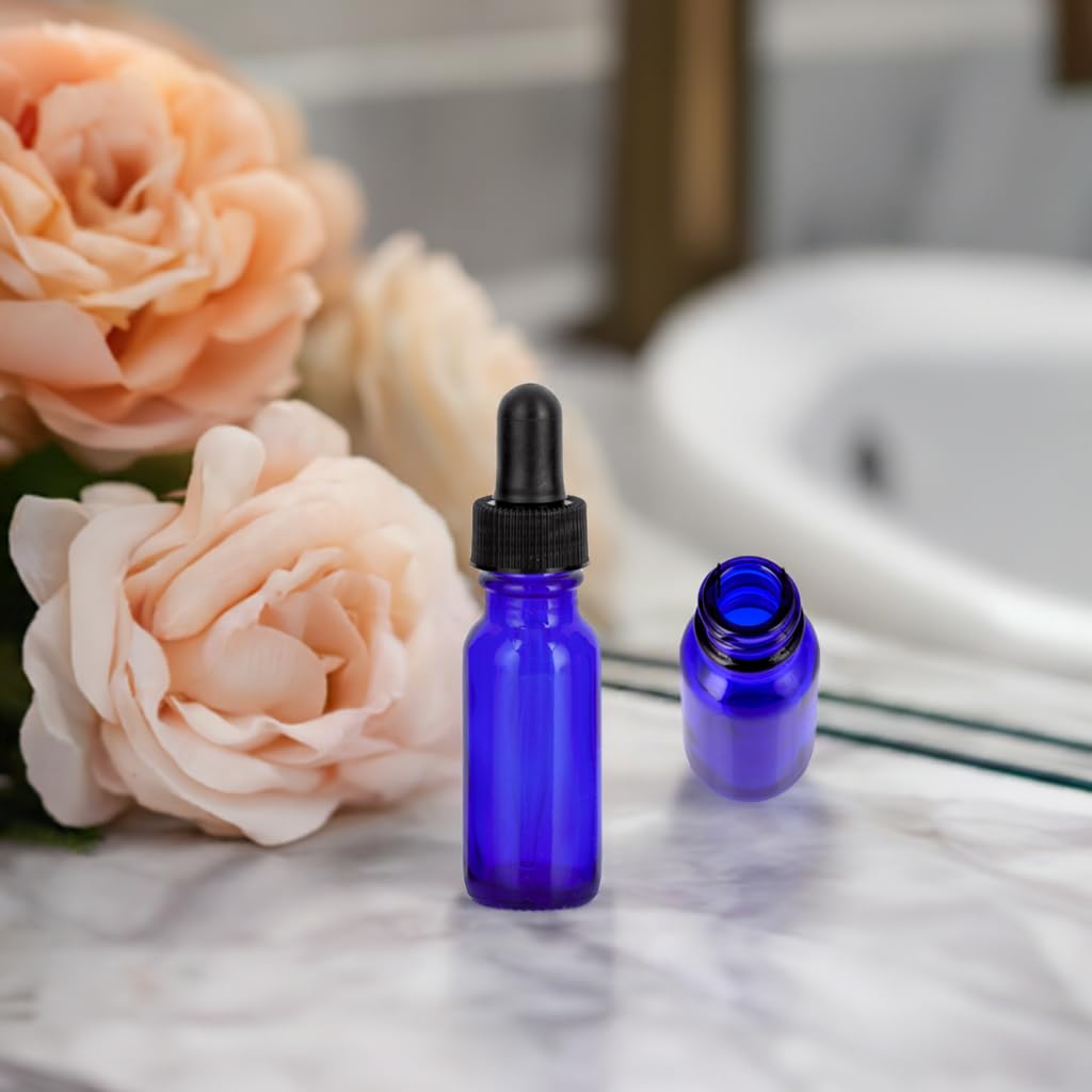 JUVITUS 6 Pack 0.5 oz (15ml) Cobalt Blue Glass Bottles with Black Dropper & Funnel - Essential Oil, CBD, DIY Beauty, Aromatherapy Storage Solution