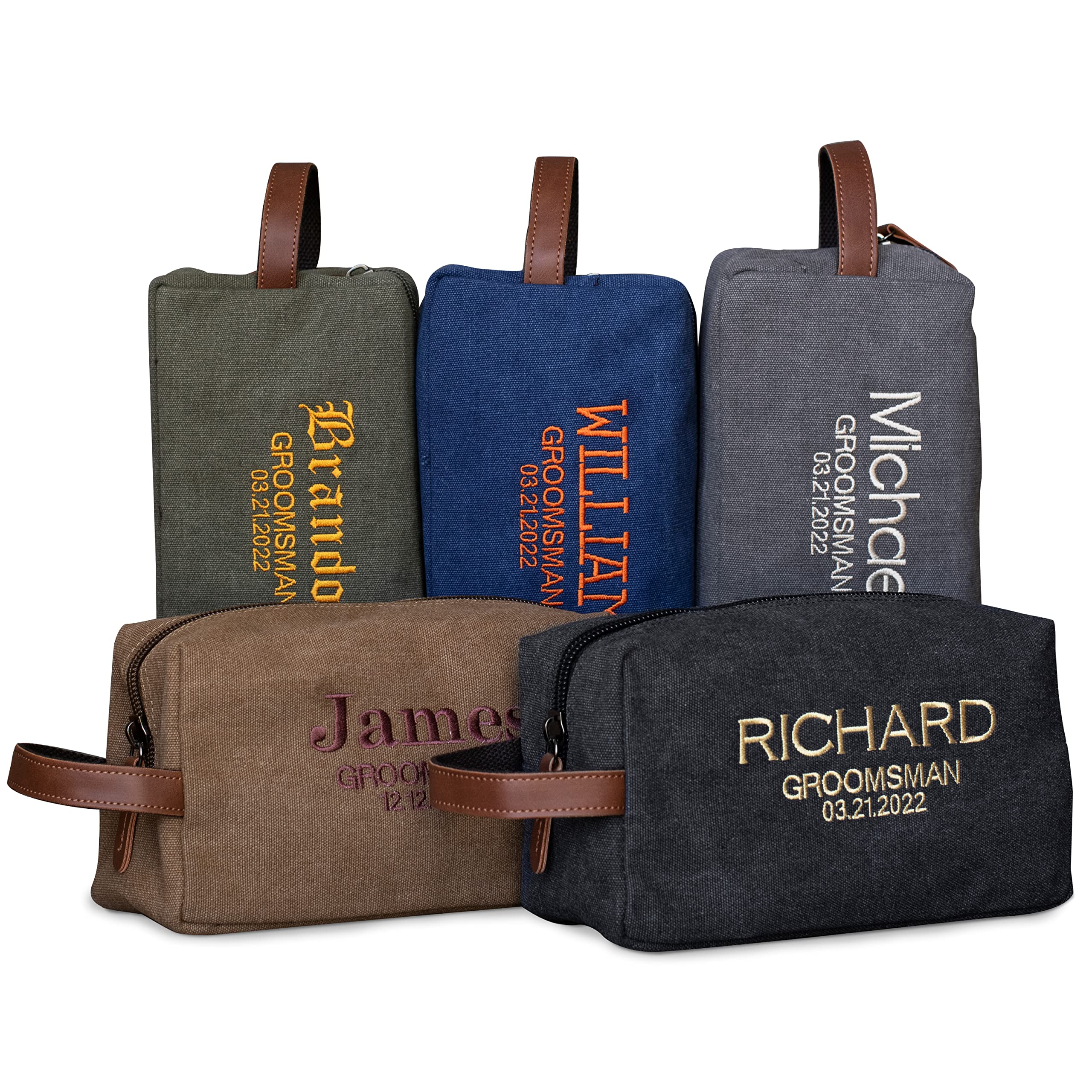 Personalized Groomsmen Gifts Set of 5 - Custom Embroidered Toiletry Bags with Names & Titles | 5 Color Options & 8 Thread Choices | Men's Travel Dopp Kit | Perfect for Wedding Party, Bachelor Trips & Proposal Gifts