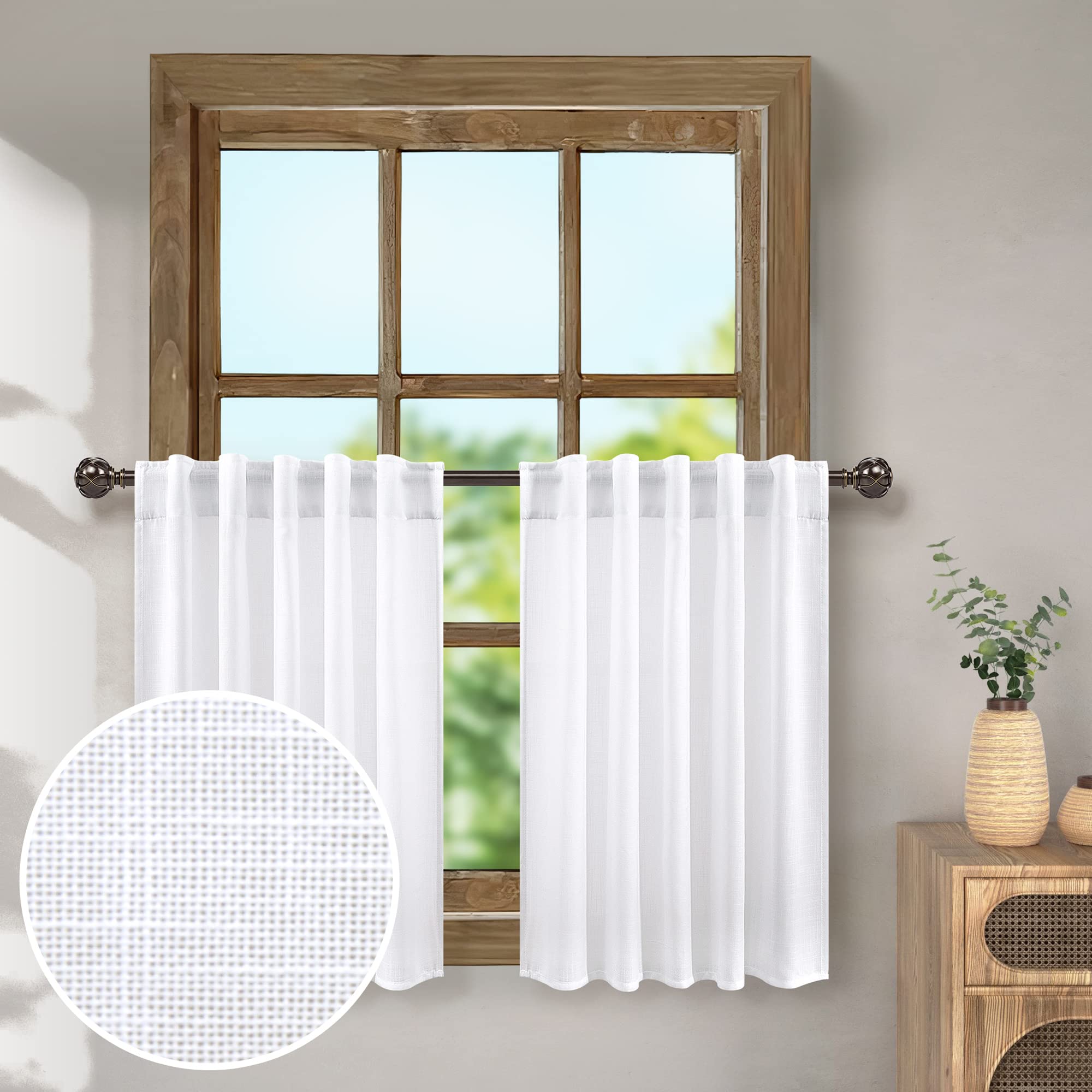 36 Inch Linen Curtains - Semi Sheer White 2-Tier Bathroom Valance with Back Tab & Pocket Design - 30 x 36 Inch Short Window Coverings for Kitchen Sink, Cafe, Bedroom & Country Style Decor - Light Filtering Privacy Solution for Windows