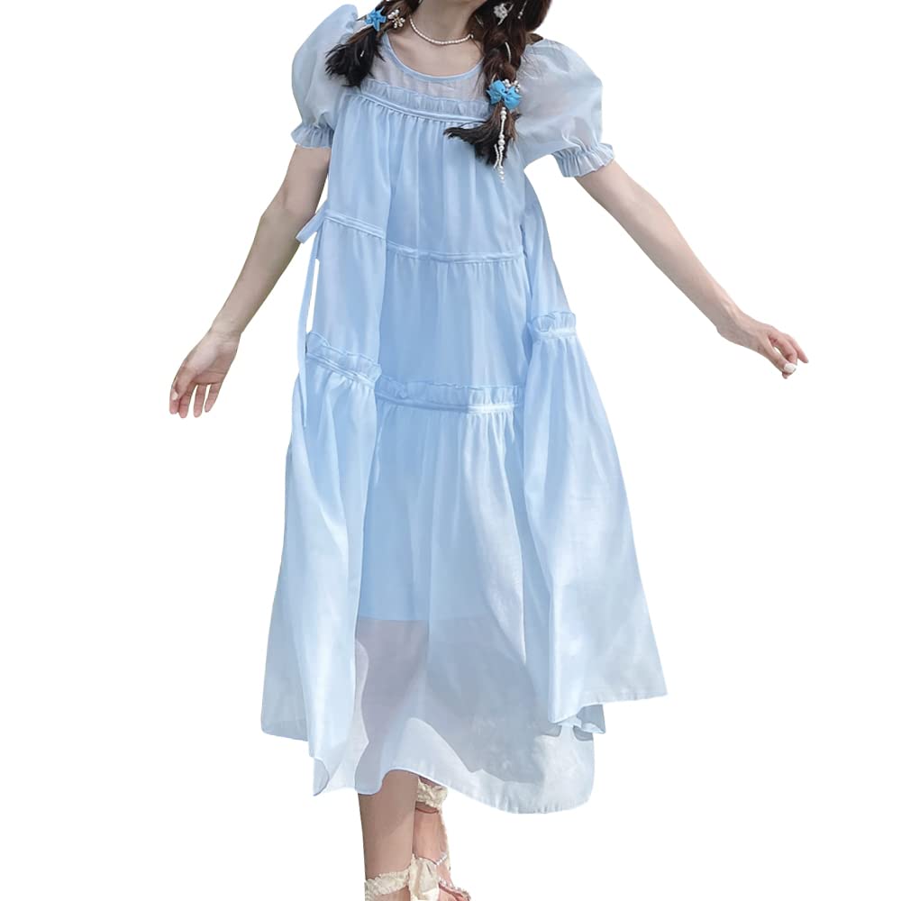 Women's Summer Retro Sweet Solid Color Mesh Lace Drawstring Dress - Kawaii Cute Loose Shirt Dress for Casual Outings, Beach Wear & Boho Fashion