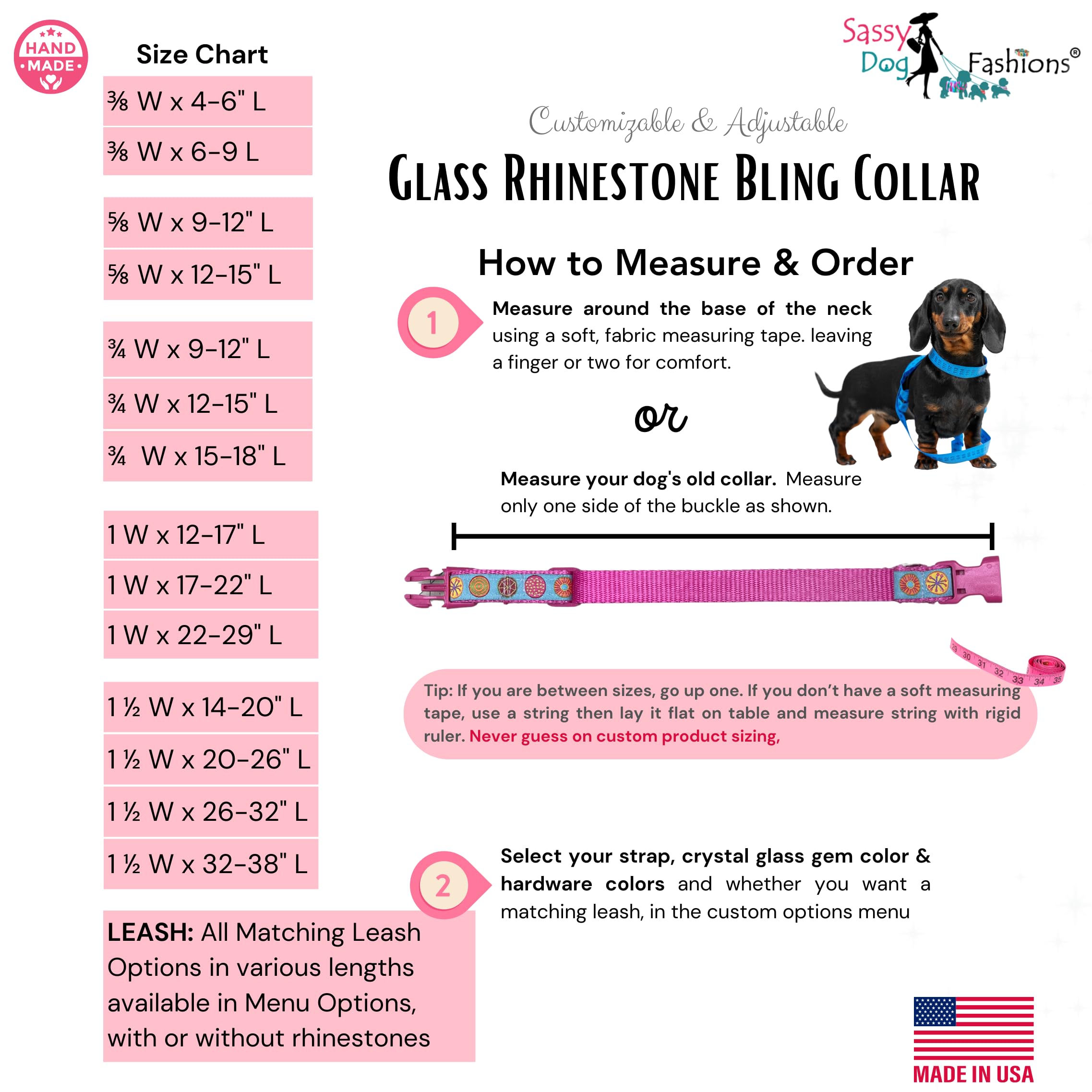 Handmade Rhinestone Dog Collar - Sparkling Crystal Diamond Pet Collar for Small, Medium, Large & Giant Dogs | 1000+ Color Options | 1