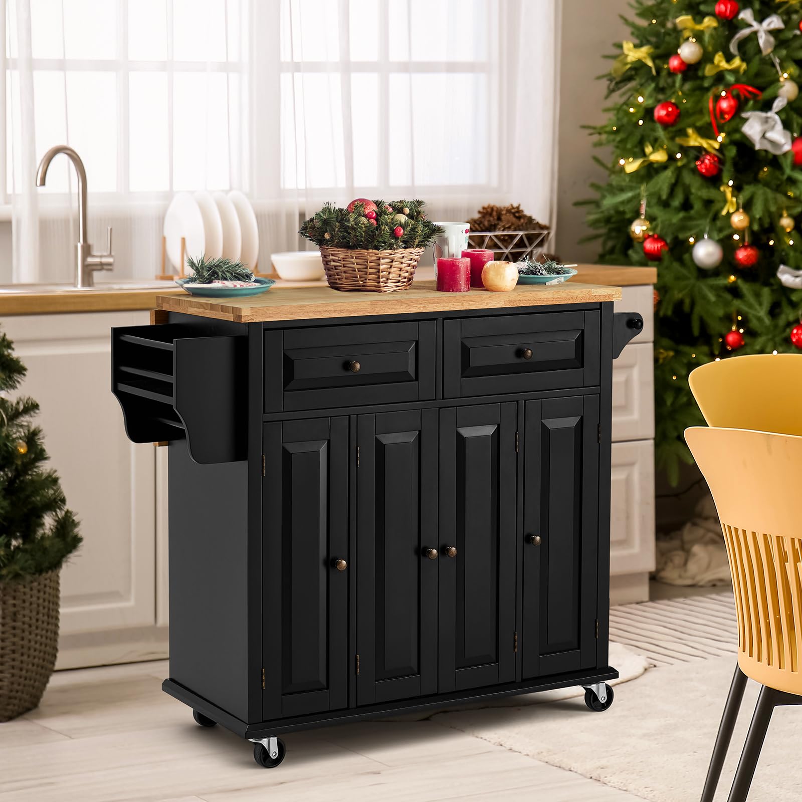AVAWING Kitchen Island with Drop-Leaf Tabletop - 2 Drawers, Lockable Wheels, Spice & Towel Rack - Rubber Wood Kitchen Cart for Storage & Dining Room - Black | Perfect for Small Kitchens, Breakfast Nooks & Extra Counter Space