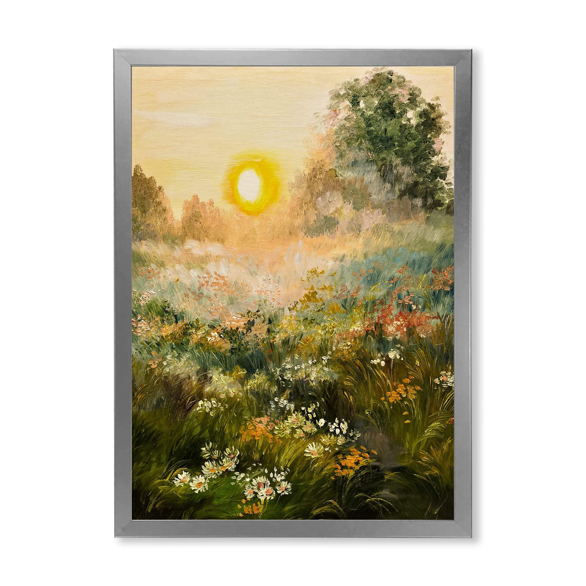 Sunrise in the Blossoming Field - Farmhouse Framed Wall Art Decor for Living Room, Bedroom & Office - Rustic Landscape Painting for Home Interior Design