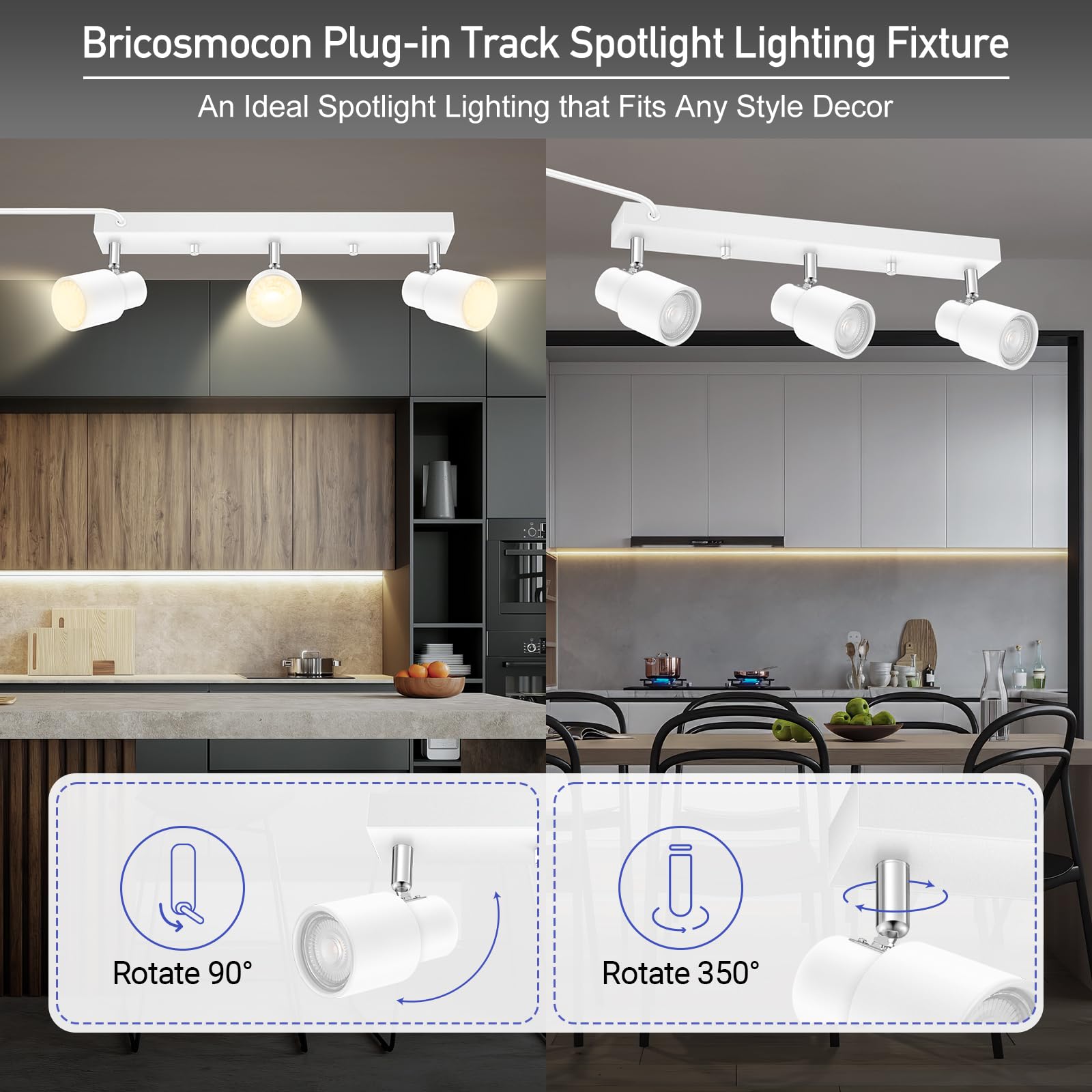 LED Plug-in Track Lighting Fixtures - 3-Light Ceiling Spotlight System for Kitchen & Bedroom | White Rotatable Wall Mount Heads with Cord | Perfect for Hallway & Living Room Lighting (Bulbs Not Included)