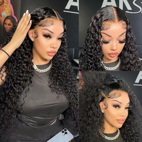 13x6 Water Wave Lace Front Wigs Human Hair - Pre Plucked 180% Density Curly Lace Front Wig - Wet and Wavy Human Hair Wig 10A - Glueless Wear and Go Replacement Wigs with Bleached Knots - Natural Black 24 Inch - Perfect for Daily Wear, Cosplay, and Special Occasions