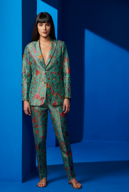 Elegant Boot Cut Trousers in Silk Brocade Aqua - Women's Fashion Pants for Office Wear & Special Occasions