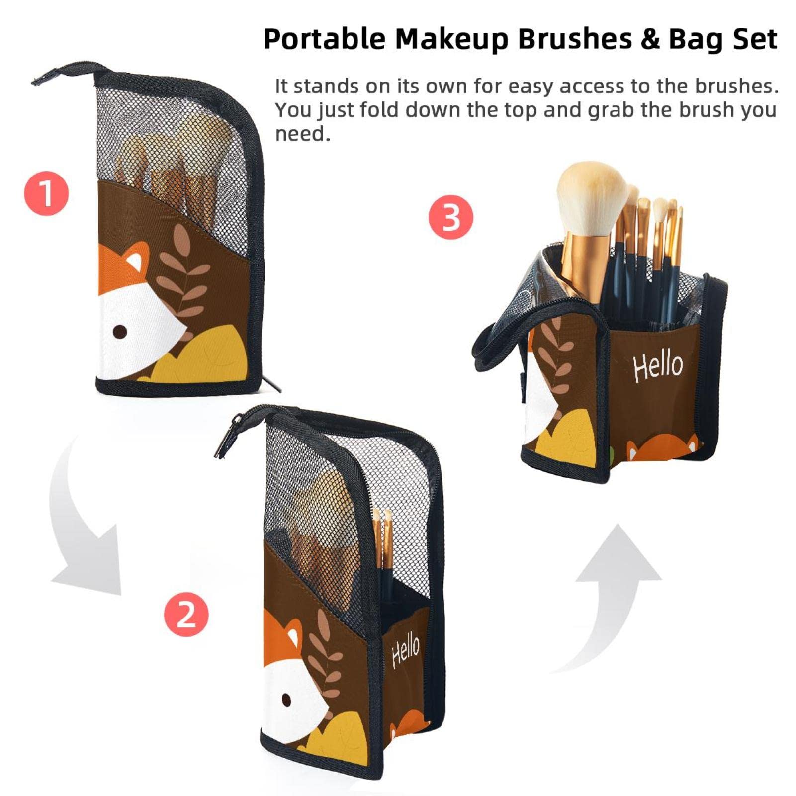 Premium 12-Piece Makeup Brush Organizer Bag Set - Hello Autumn Fox Design, Portable Travel Cosmetic Brush Holder Case for Professional Makeup Artists & Beauty Enthusiasts - Perfect for Travel, Home Vanity & Salon Use