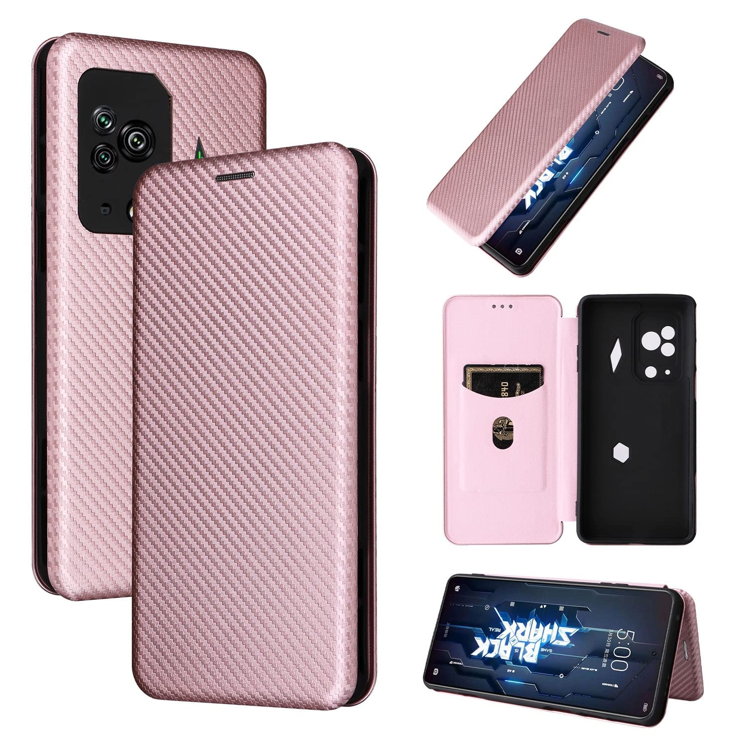 Premium Carbon Fiber PU+TPU Hybrid Flip Case for Xiaomi BlackShark 5 Pro - Shockproof Full Protection Luxury Phone Cover (Pink) | Perfect for Gaming, Travel & Daily Use