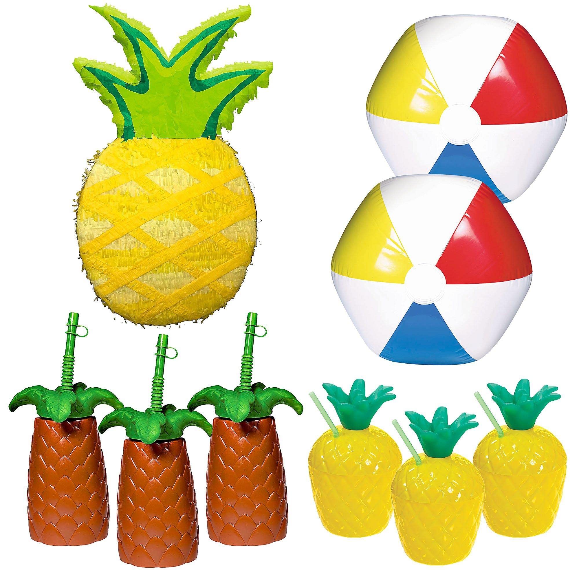 Party City Pineapple Pinata Summer Party Kit for 6 Guests - Includes Pinata, Stylish Cups & Inflatable Beach Balls | Perfect for Birthday Parties, Beach Themed Events & Summer Celebrations