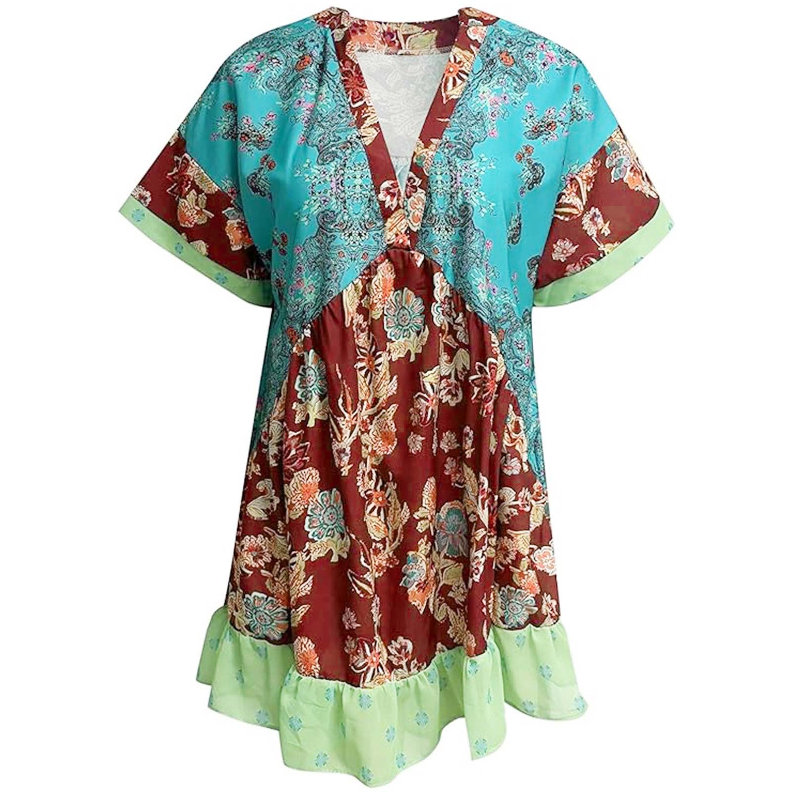 Boho Summer Dresses for Women 2024 - Short Sleeve Mini Dress with V Neck & Oversized Striped Print - Perfect for Beach Vacations, Music Festivals and Casual Outings