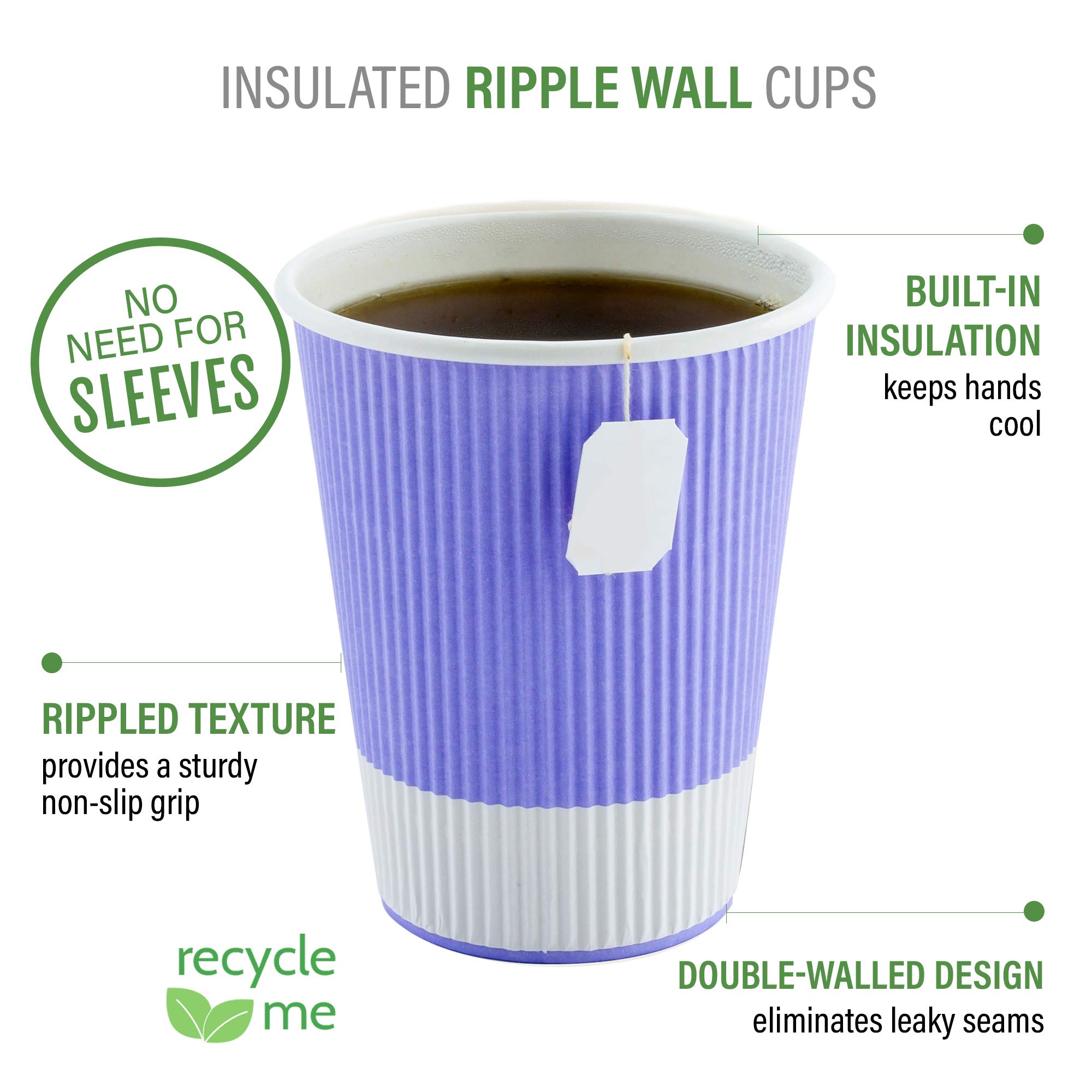 12oz Disposable Paper Coffee Cups (25 Pack) - Leakproof & Insulated Ripple Wall Hot Cups, Recyclable Light Purple - Perfect for Coffee Shops, Offices & Catering Events - Lids Sold Separately
