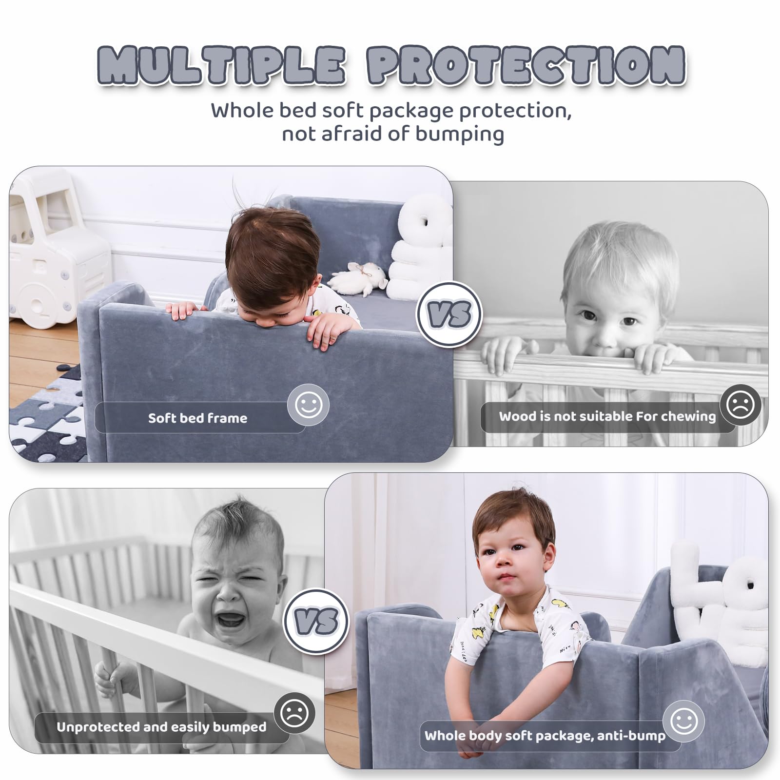 Round Toddler Bed with Safety Rail & Upholstered Headboard - Standard Crib Size Floor Bed for Kids 18 Months to 6 Years (Gray, No Mattress) | Safe Transition Bed for Montessori Room, Daycare or Nursery