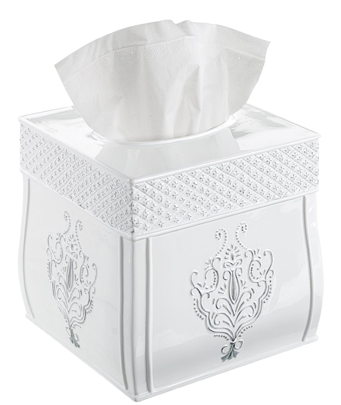 Vintage White French Country Tissue Box Cover - Square Bathroom Tissue Holder with Durable Sliding Bottom - Home Decor for Farmhouse, Cottage & Modern Bathrooms