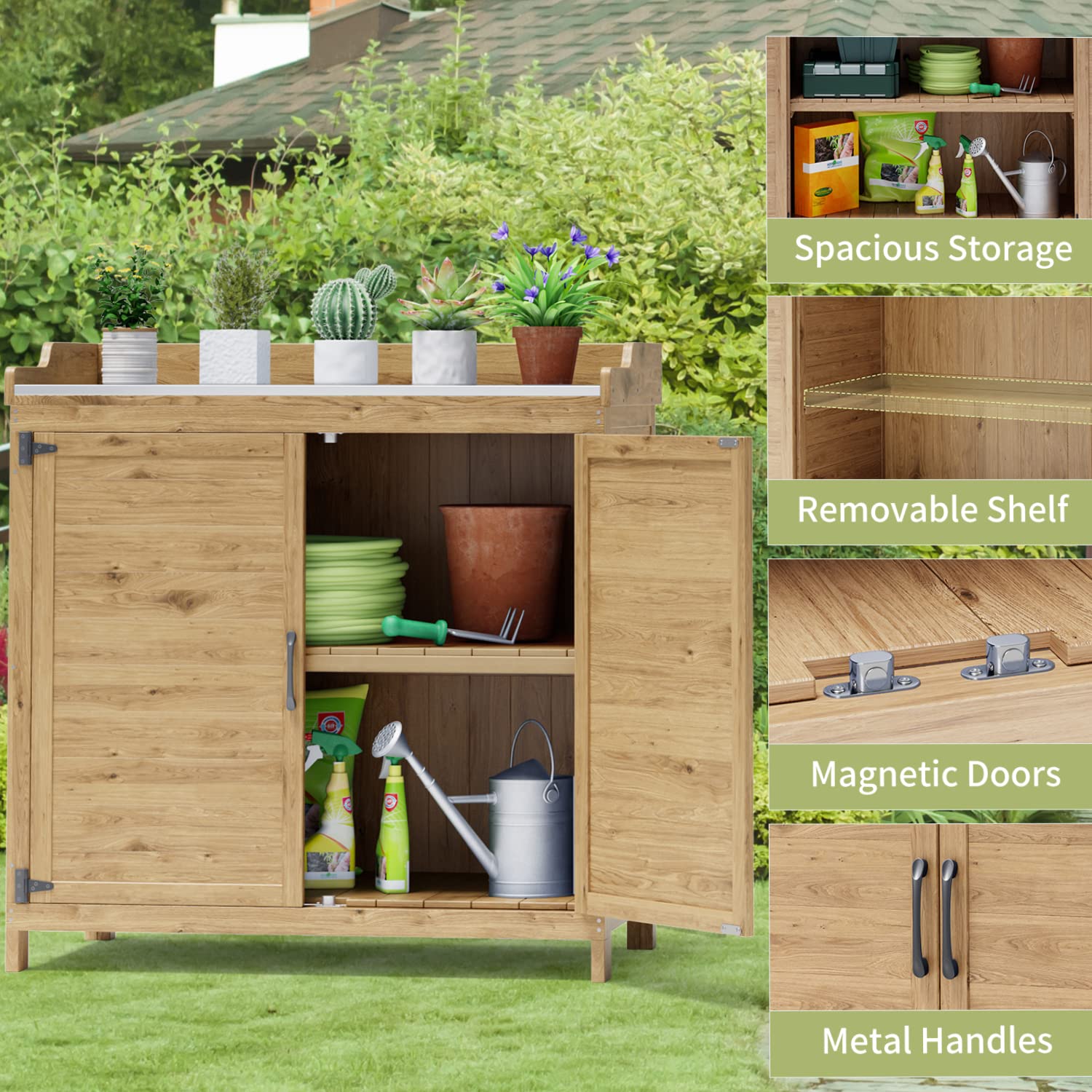 Gizoon Outdoor Potting Bench with Metal Tabletop & Adjustable Shelf - Wooden Garden Storage Cabinet with Double Doors - Perfect for Backyard, Patio, Lawn Gardening & DIY Projects - Natural Finish