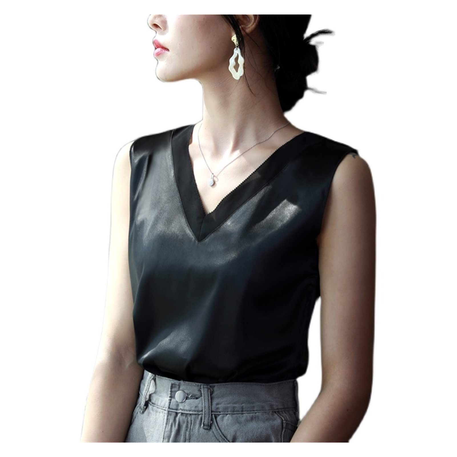 EKDSPW Women's Satin Camisole Top - Silky Sleeveless Vest, French Blouse for Summer - Black 3XL - Perfect for Casual Wear, Date Nights & Layering