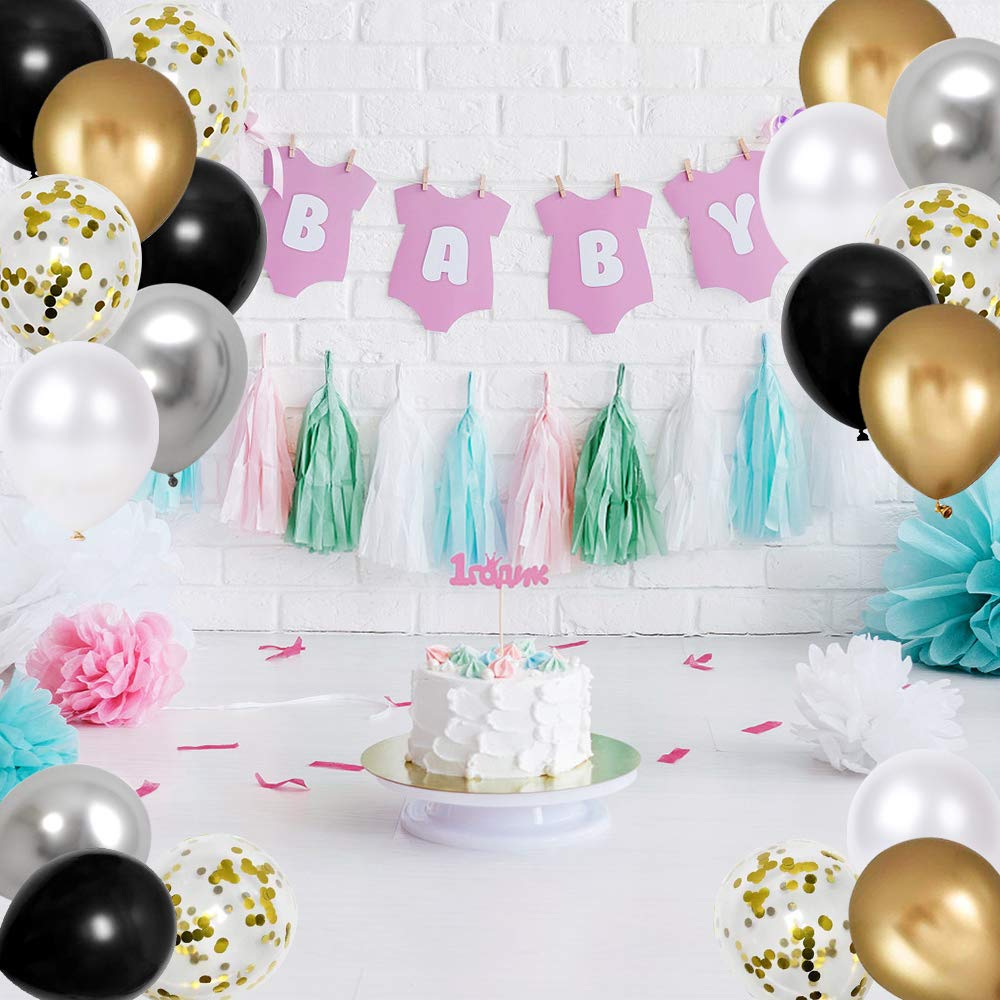 50pcs 12 Inch Black Gold Silver Metallic Latex Balloons with Ribbon - Premium Thick Confetti Party Balloons for Wedding, Birthday, Baby Shower Decorations - Perfect for Anniversary Celebrations, Graduation Parties & Holiday Events