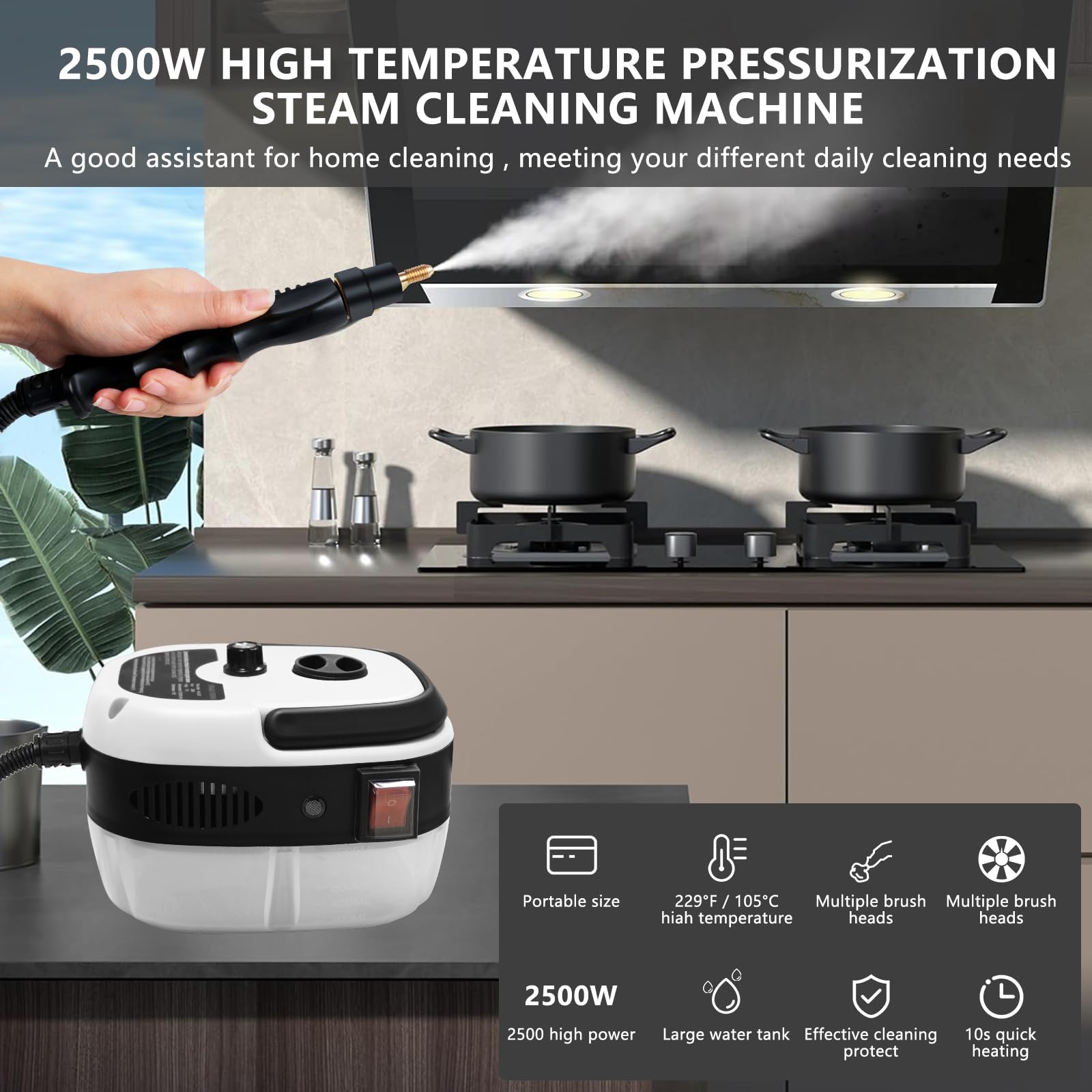 2500W Handheld Steam Cleaner with 3 Brush Heads - Portable Pressurized Steam Cleaner for Home, Car, Kitchen, Bathroom, Furniture & Walls - White - Perfect for Deep Cleaning Floors, Upholstery, Tiles & Grout