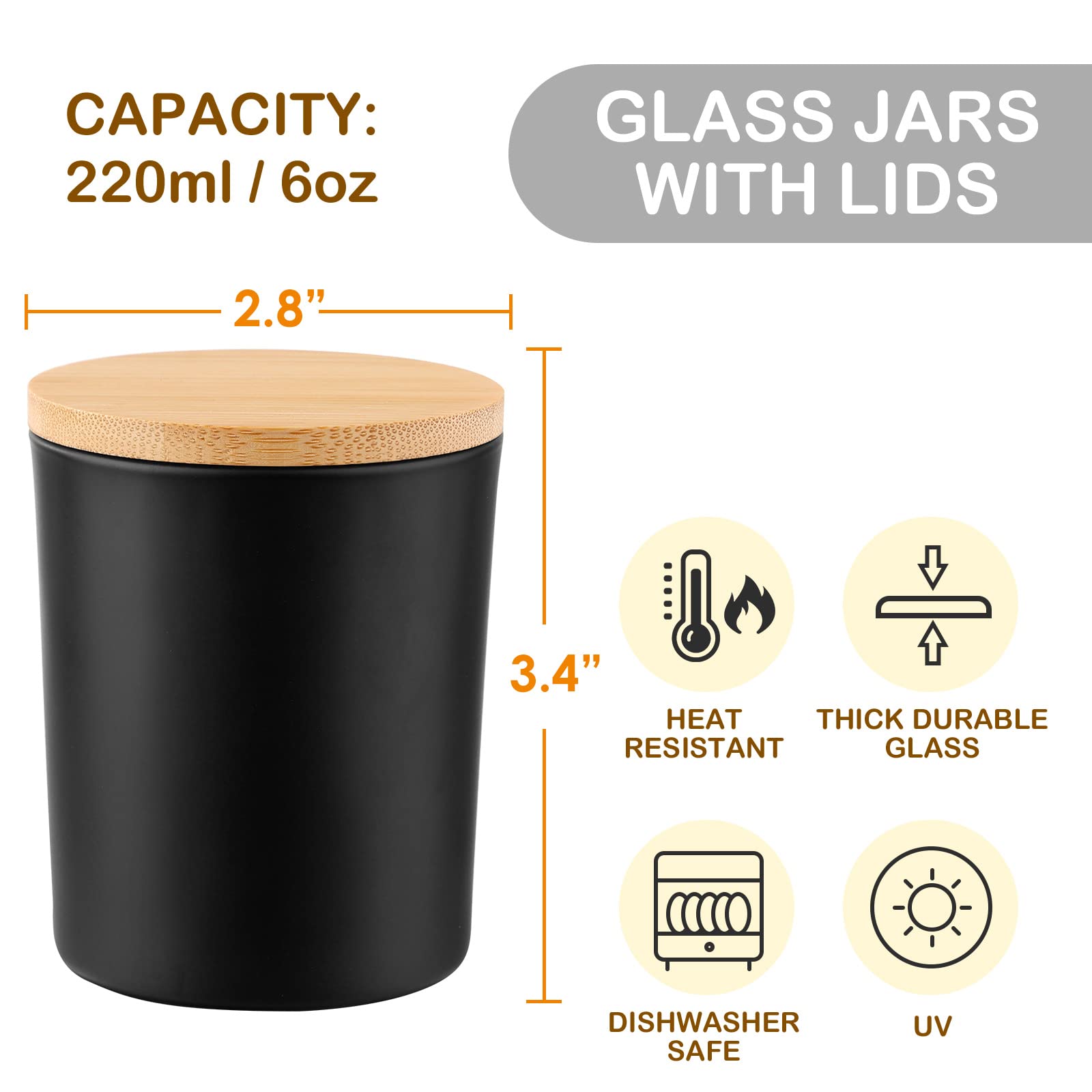 GOTIDEAL 12 Pack 6oz Frosted Black Candle Jars with Bamboo Lids - Bulk Empty Glass Containers for DIY Candle Making, Soy Wax, Aromatherapy - Perfect for Home Decor, Wedding Favors & Gift Packaging