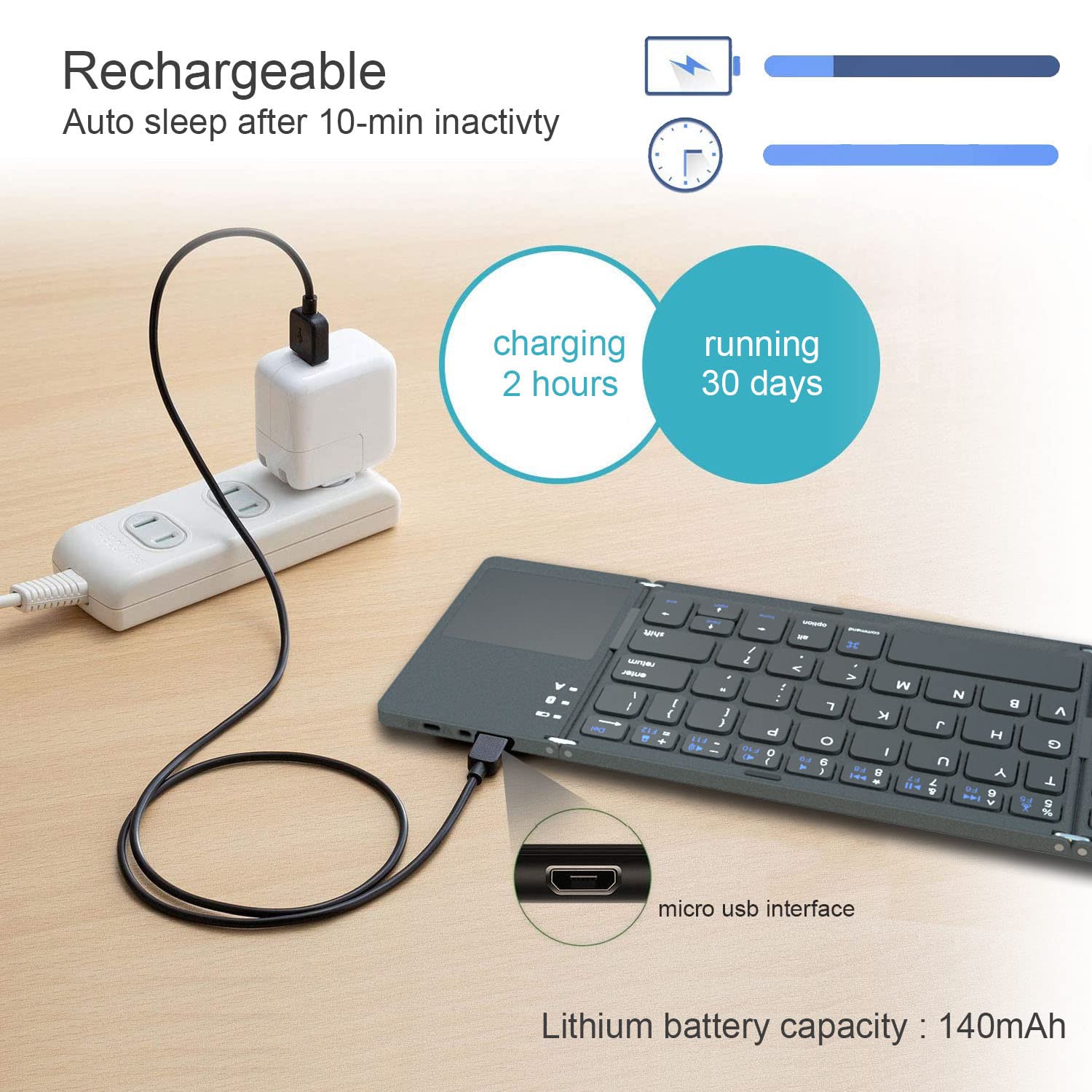 Foldable Bluetooth Keyboard with Touchpad - Portable Wireless Keyboard for Mac, Windows, Android, Linux, PC & Tablet - Rechargeable Li-ion Battery - Dark Gray | Perfect for Travel, Office & Home Use