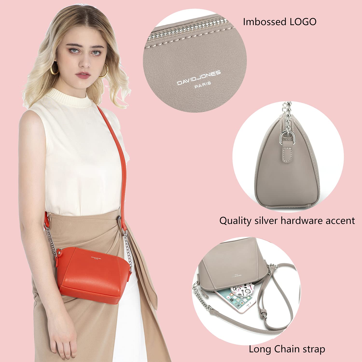 David Jones Vegan Leather Crossbody Bag for Women - Lightweight Small Shoulder Purse with Chain Strap, Wallet & Phone Holder | Perfect for Everyday Use, Travel & Shopping