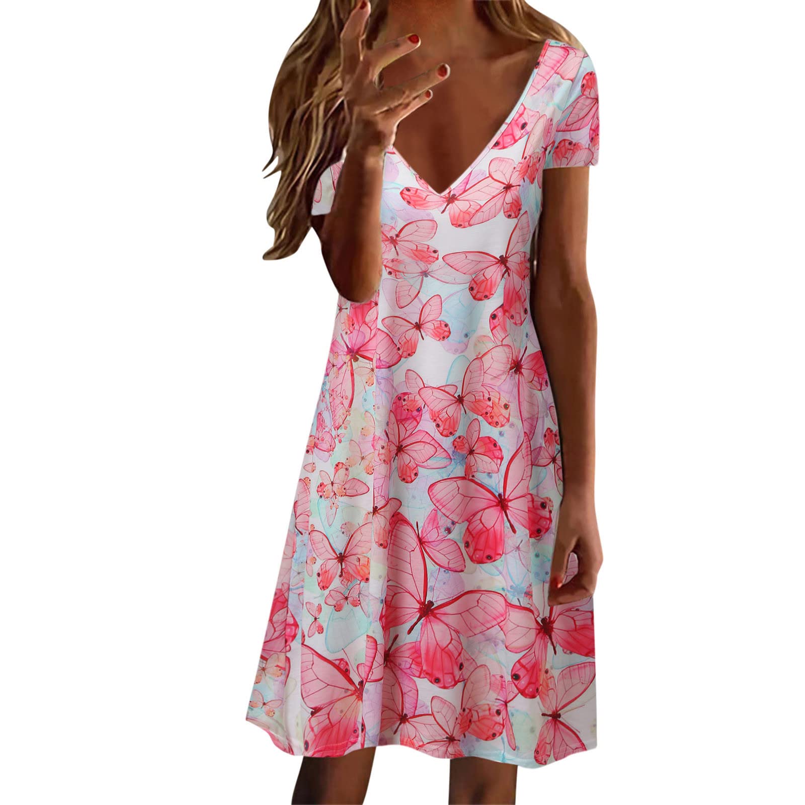 Twoker Women's Casual V-Neck Floral Print Summer Dress - Short Sleeve Beach Dress for Women | Perfect for Vacation, Outdoor Parties & Summer Outings