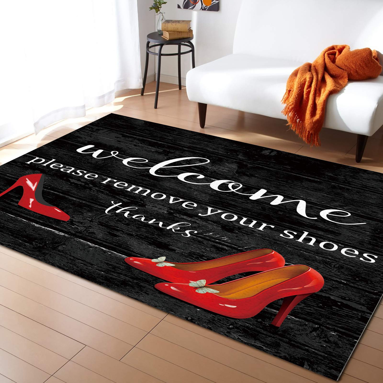 Non-Slip Red High Heel & Black Retro Wood Grain Area Rug - 60x96 Inch Low Pile Runner Carpet for Entryway, Living Room, Foyer, Kitchen & Bedroom | Perfect for Home Decor, Vintage Style Interiors & High Traffic Areas